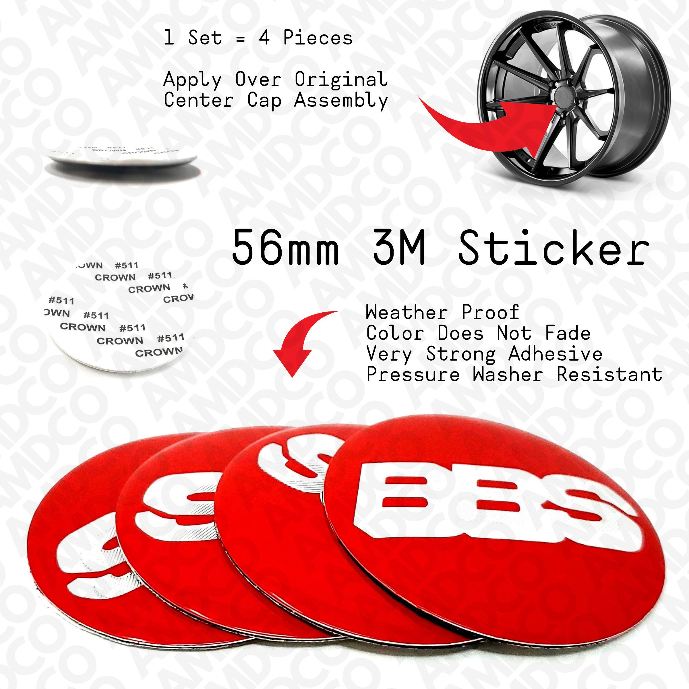 AMD - 56MM RED Emblem Badge Stickers Decals with Strong 3M Includes instructions MEASURE Before Purchase Fitment Top Quality fit For AFTERMARKET WHEELS BBS etc (pack of 4) RED
