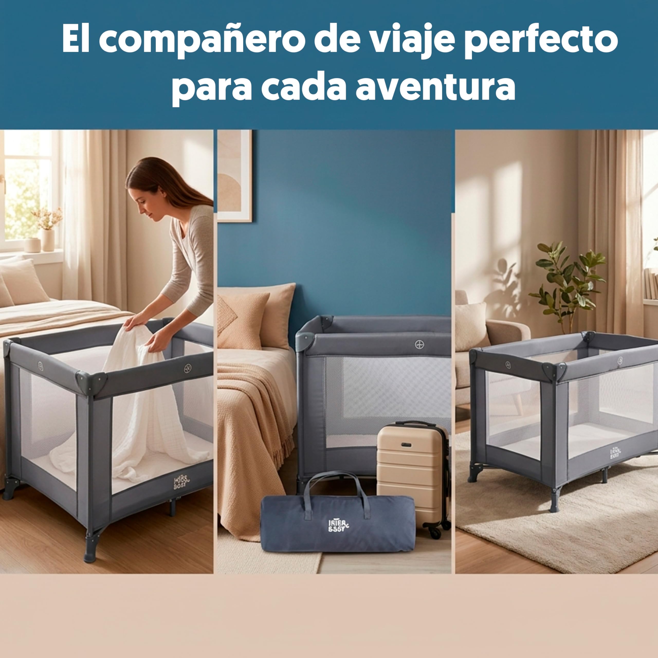 Interbaby - Cuna de Viaje Bebé Plegable con Ruedas y Bolsa de Transporte, Parque Cuna 2 en 1, Ligera y Compacta, Malla Transpirable, Compatible 120x60 cm, Desde Nacimiento hasta 3 Años (15 kg) (Gris)