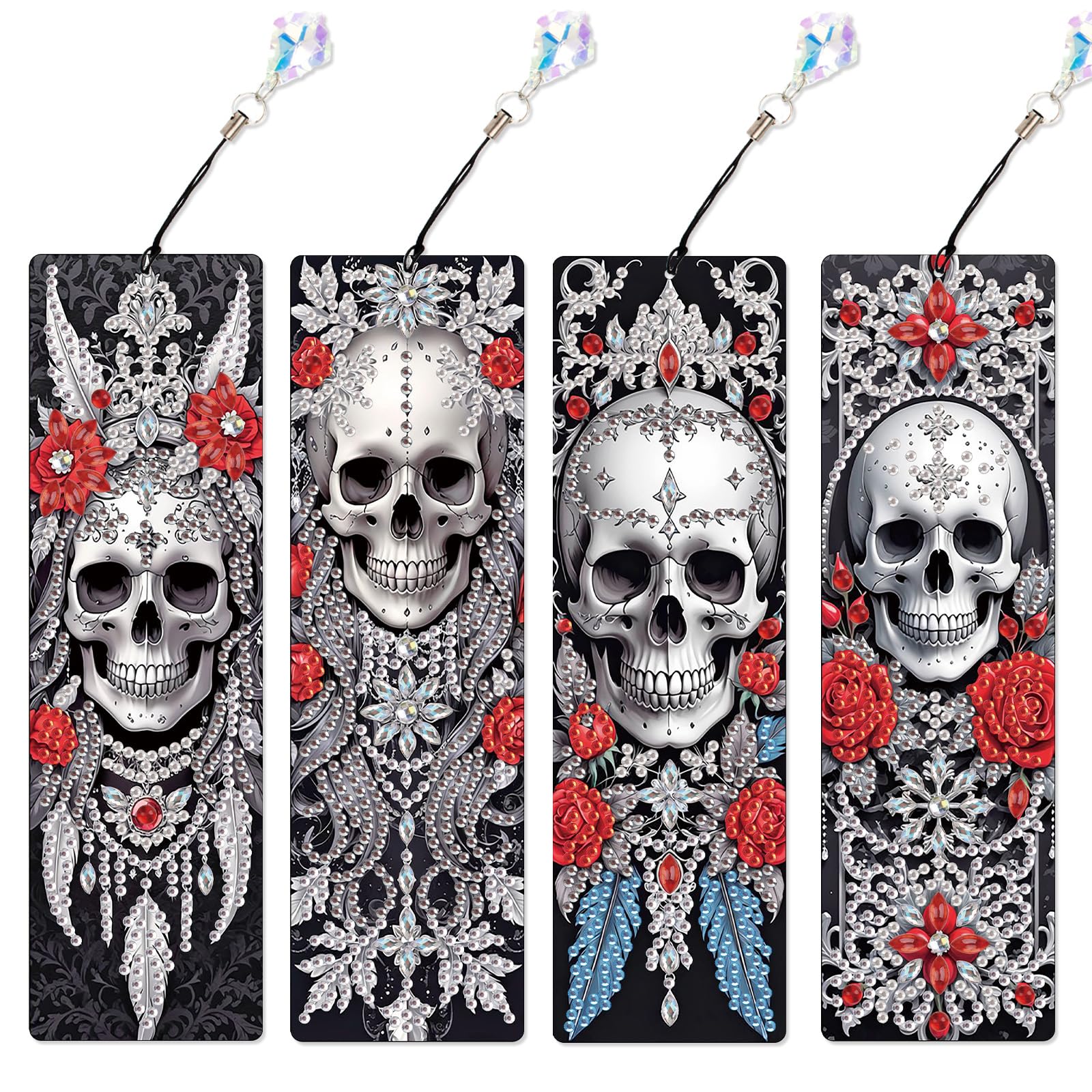 4 Pcs DIY 5D Diamond Painting Bookmark Kit - Special Shaped Crystal Rhinestones, Rose Skull Diamond Art Bookmarks with Crystal Pendant Tassels, Handmade Decorative Bookmarks Gift Set for Book Lovers