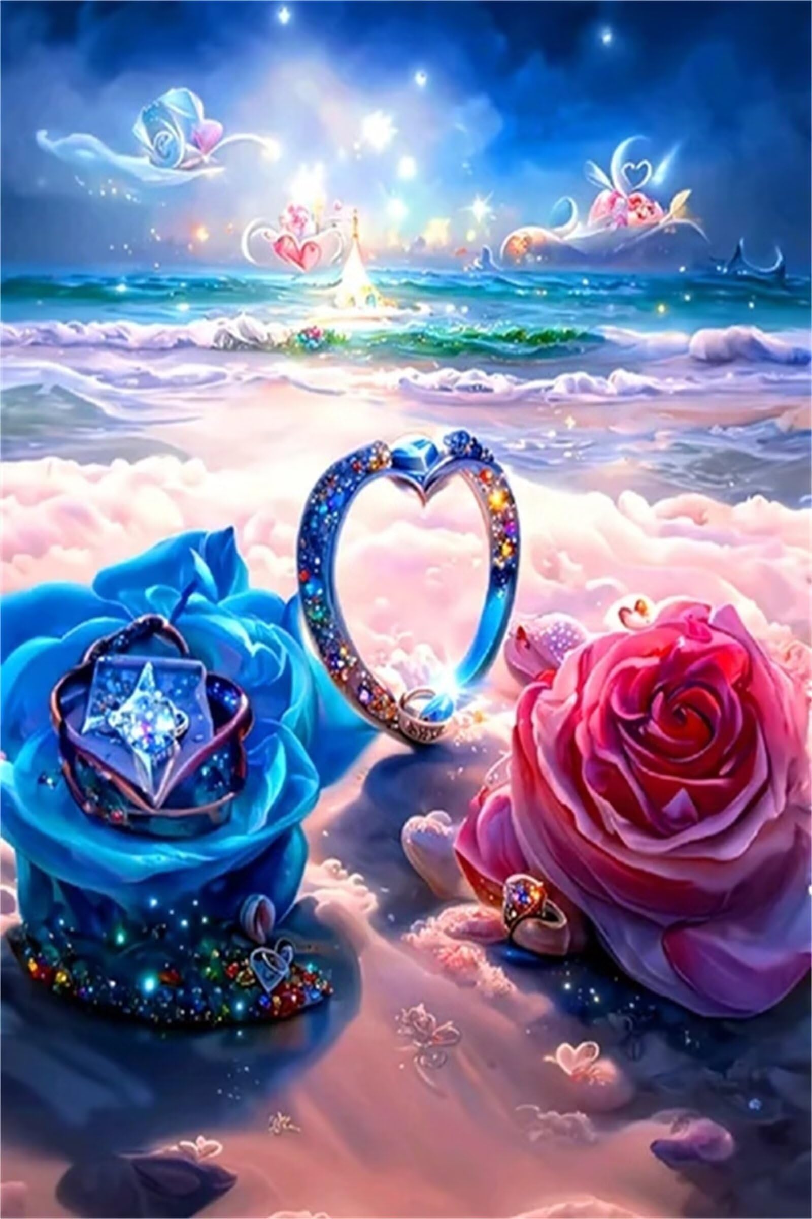 5D Diamond Painting Kit Completo, Pittura Diamante DIY Paint By Numbers Rosa Cuore Seaside Disegni con Perline da Attaccare Diamond Painting Natale, Decorazioni per Pittura omestiche 55x75cm S-11443