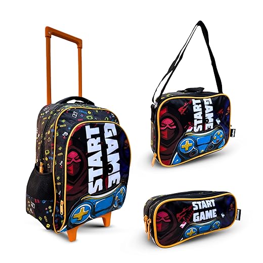 Balboa Kit Escolar com Rodinhas Start Game Ninja AMZ-167 Mochila 16", Lancheira Térmica e Estojo Duplo, Design Gamer e Frente em PVC Cristal