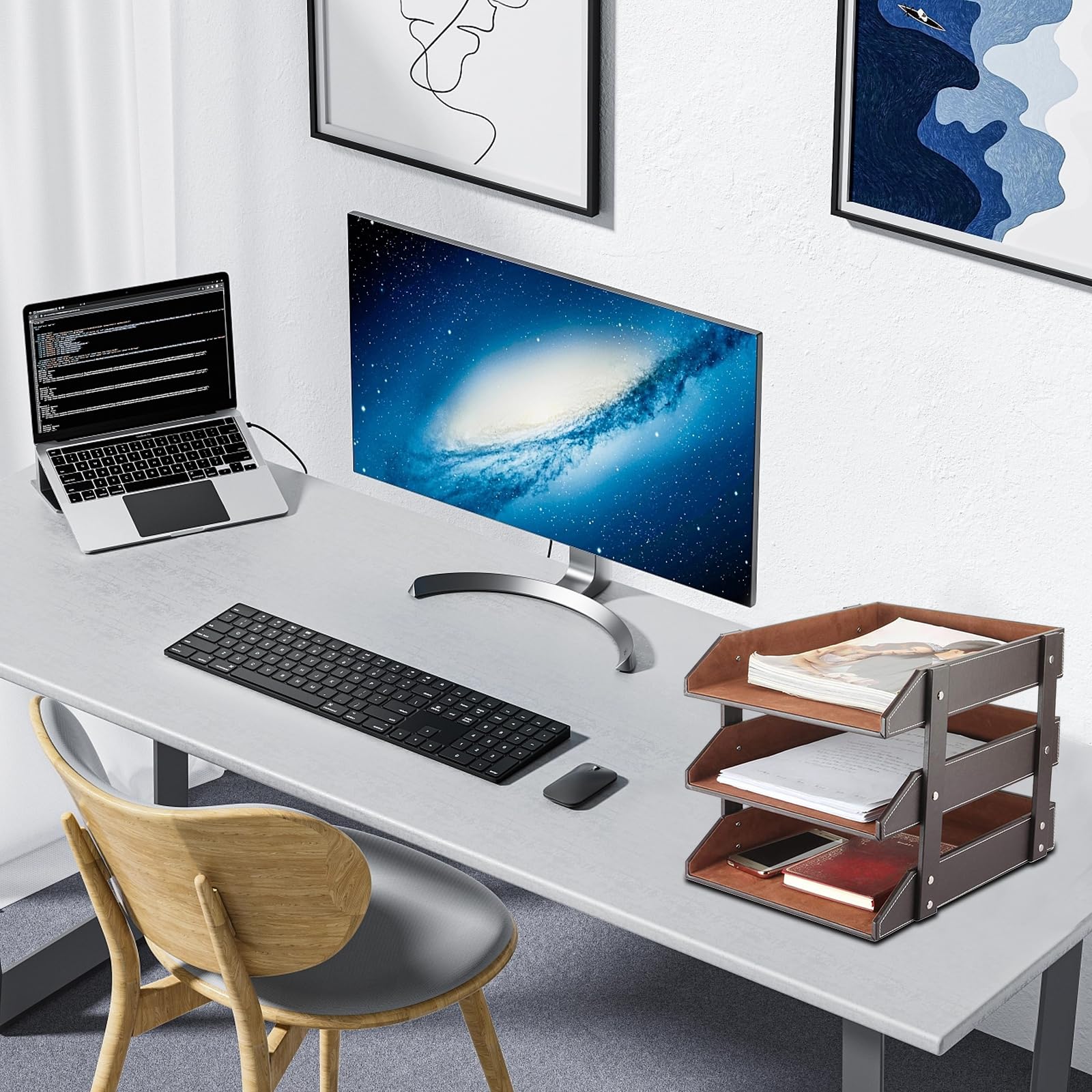 Organiseur de bureau en cuir empilable - Compartiment à documents pour dossiers, papeterie, magazines, courrier, maison, petits objets, organisateur de bureau (marron)