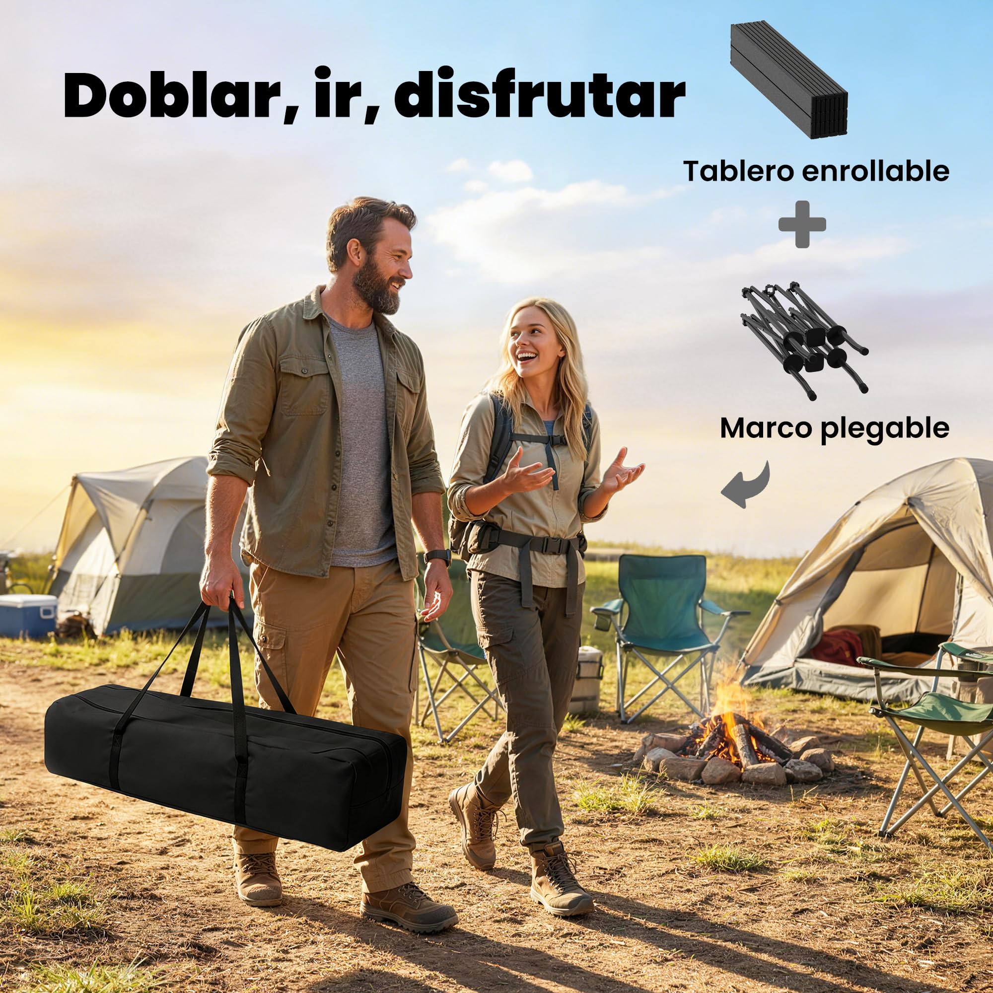 Outsunny Mesa Plegable Camping, 93x55x68 cm, Mesa Plegable Portátil con Red de Almacenamiento, Encimera Enrollable de Aluminio, Marco Metálico, Bolsa de Transporte, para Acampar, Senderismo, Negro
