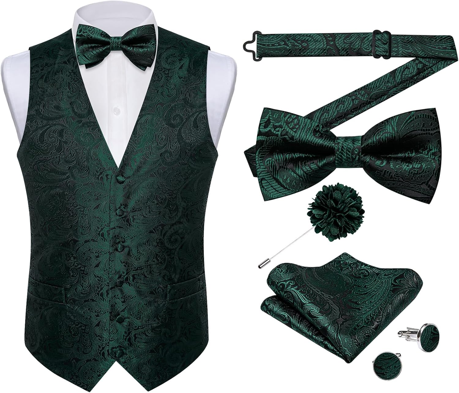DiBanGu Silk Paisley Vest for Men Formal Suit Waistcoat and Bowtie Lapel Pin Set 7PCS Dress Vest for Suit or Tuxedo