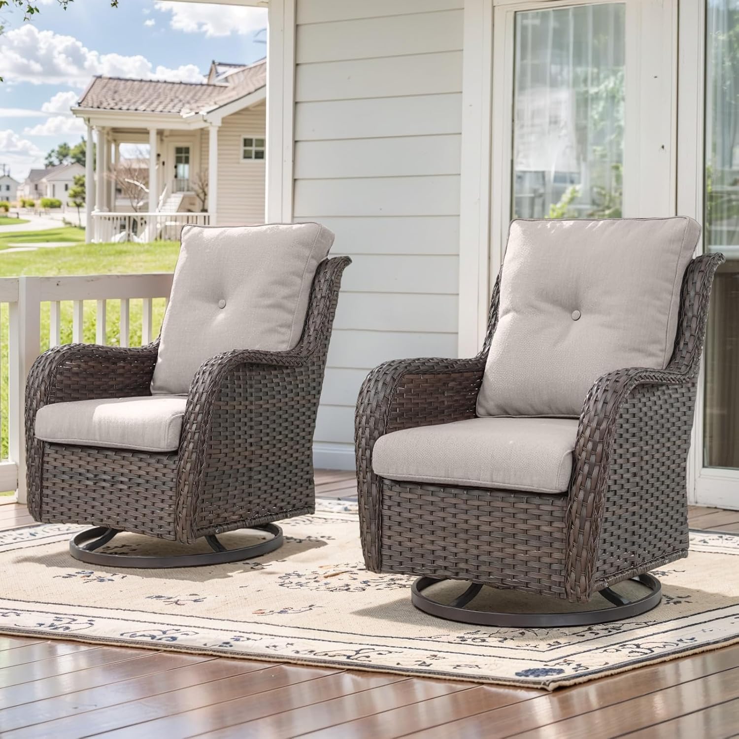 Belord Outdoor Swivel Rcoker Patio Chairs - Outdoor Swivel Patio Chairs Set of 2 Wicker Chair Patio Furniture Sets with Covered Cushion for Porch Deck Balcony Garden, Beige