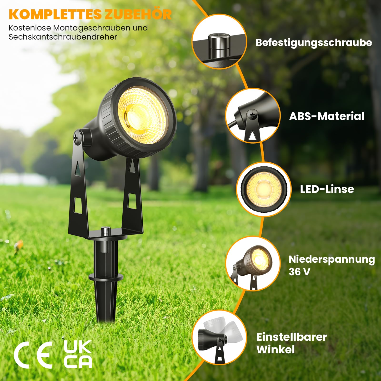 Kawaya Gartenbeleuchtung mit Strom 6Pcs Gartenlampen für Draußen Ip68 Wasserdicht Gartenleuchten 36V/18W Gartenstrahler 20M Led Außen Gartenlampe 3200K Gartenlampen Strahler mit Erdspieß