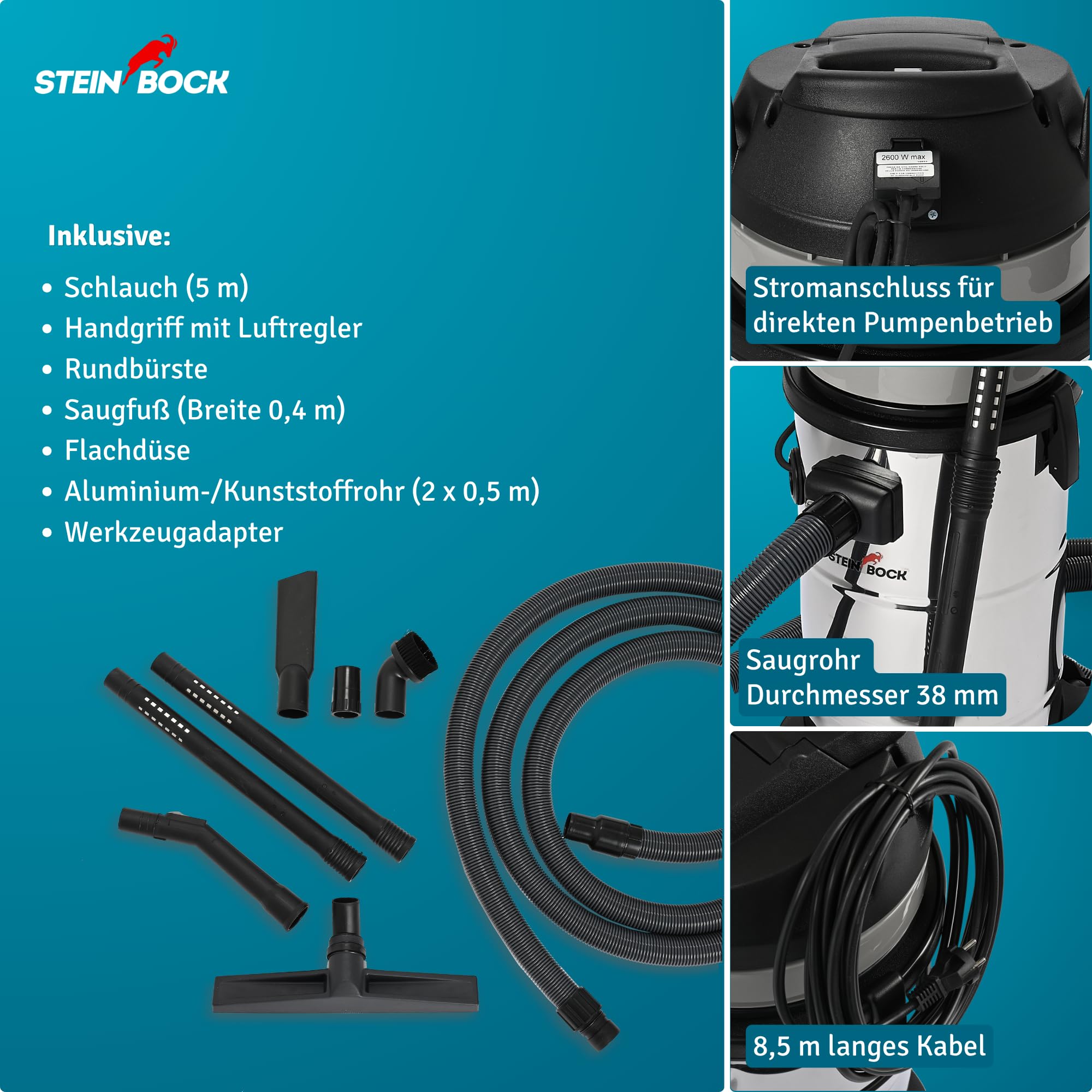Steinbock Pumpsauger | 1.200 Watt | 41 l Edelstahlbehälter | Nasssauger mit integrierter Tauchpumpe für effizientes Abpumpen | Wasserdurchfluss-Ventil | Durchgehende Flüssigkeitsaufnahme und -abfuhr