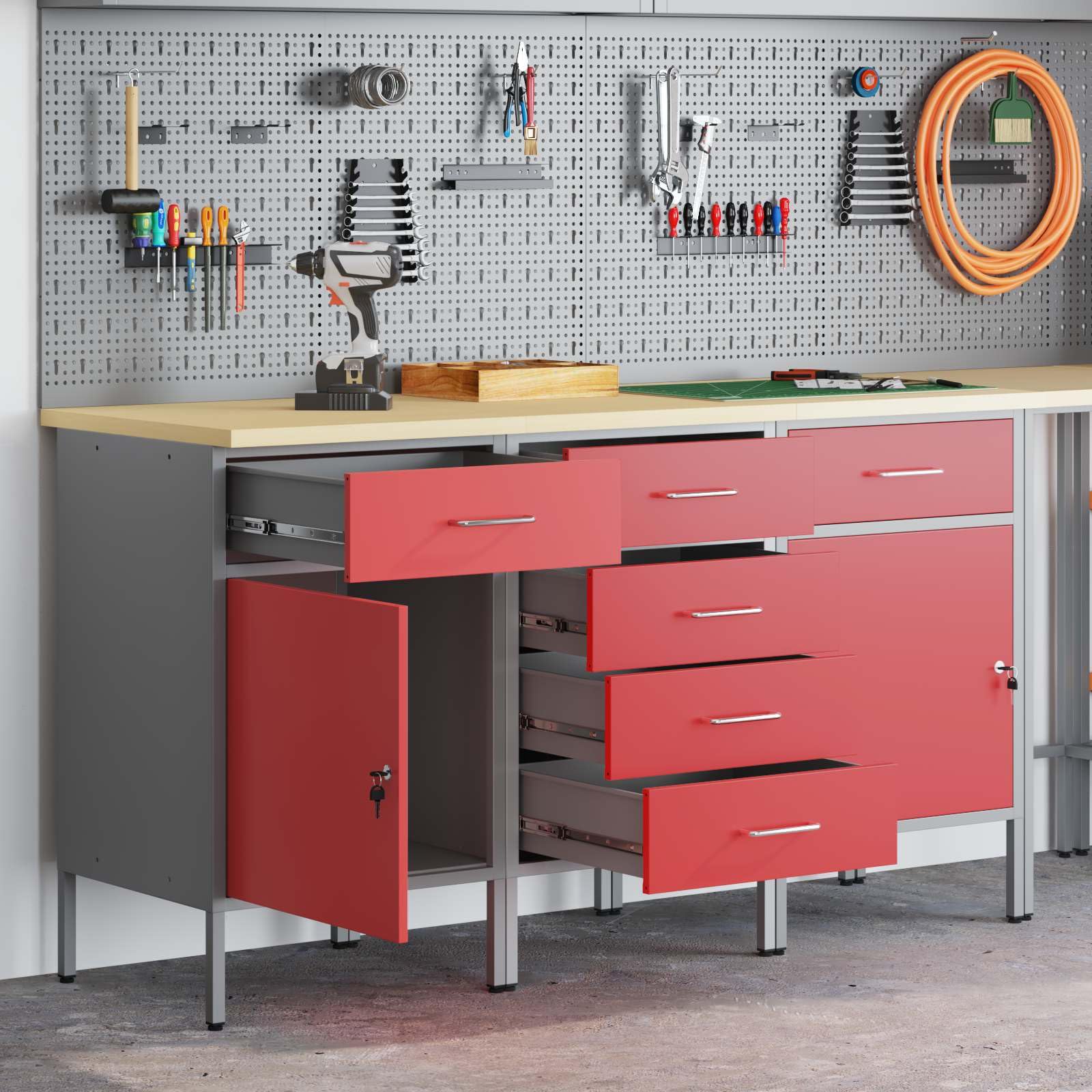 Banco da lavoro moderno con cassetti, 3 pezzi, rosso e grigio, 75 x 45 x 85 cm, in legno e acciaio, robusto banco da lavoro per officina, stile loft industriale, versatile
