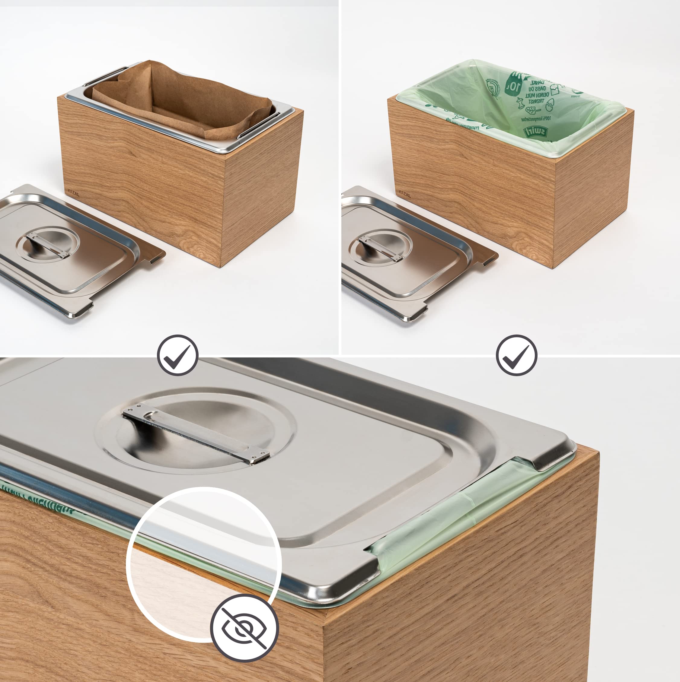 KAZAI. Design Bio-Mülleimer -Holma- | 4.5L, Spülmaschinenfest und aus Echtholz-Veneer | Küchen Komposteimer für Bio-Abfall | Eiche