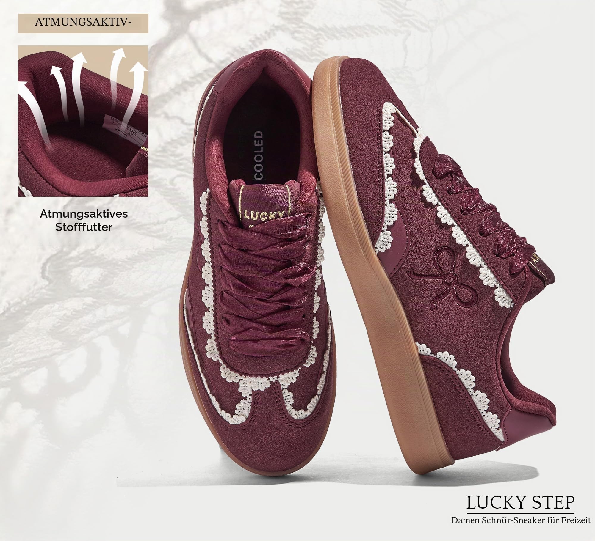 LUCKY STEP Damen Sneakers mit Spitze & Organza-Band | Vintage-Design mit Dicker Gummisohle | Bequeme Freizeitschuhe im Trend-Look für Alltag & Stadt