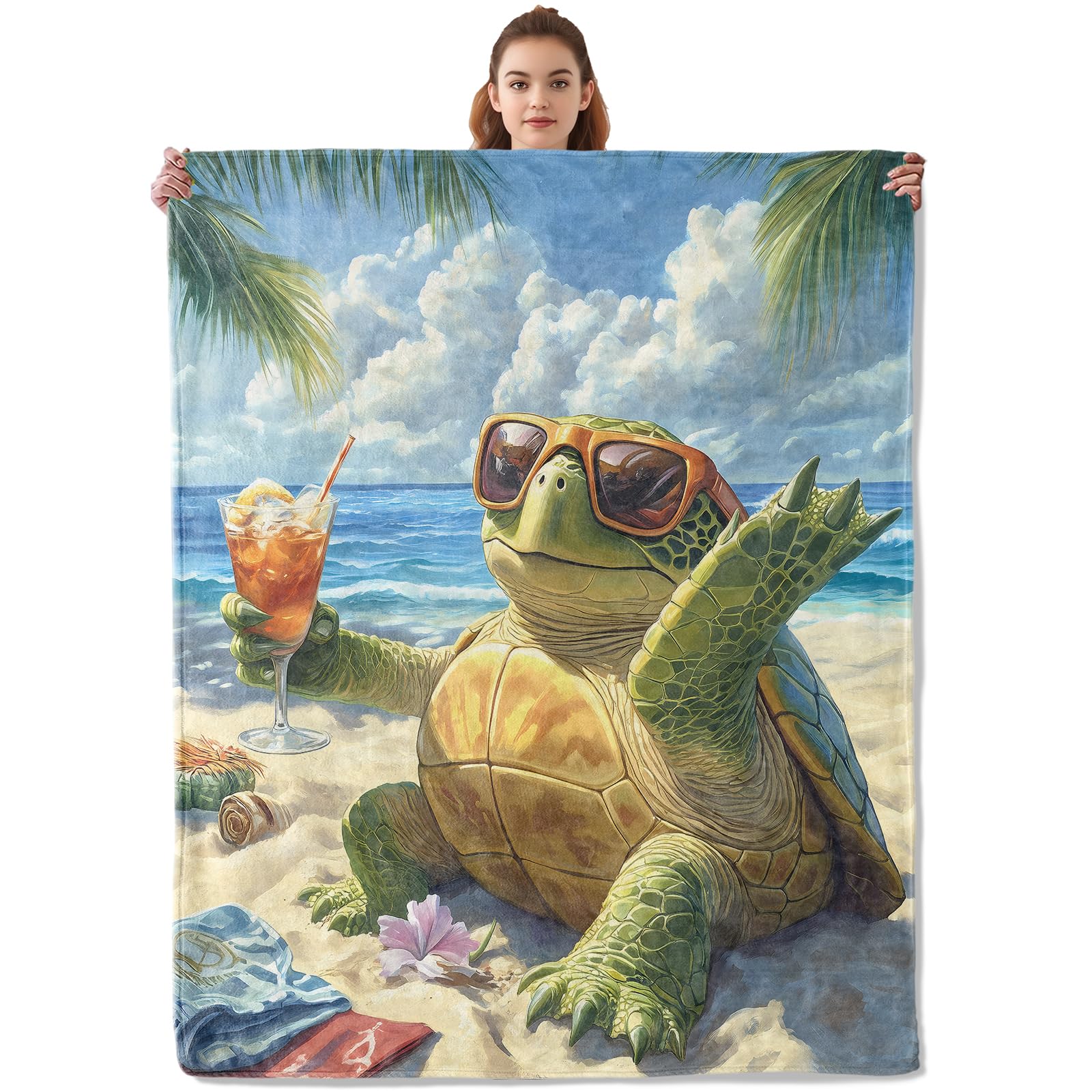 Kibue Funny Sea Turtle Blanket - Lightweight, Soft & Cozy Flannel Plush Throw Blanket for Travel, Sofa, Bedroom, Office - Warm Decor for Adults Kids