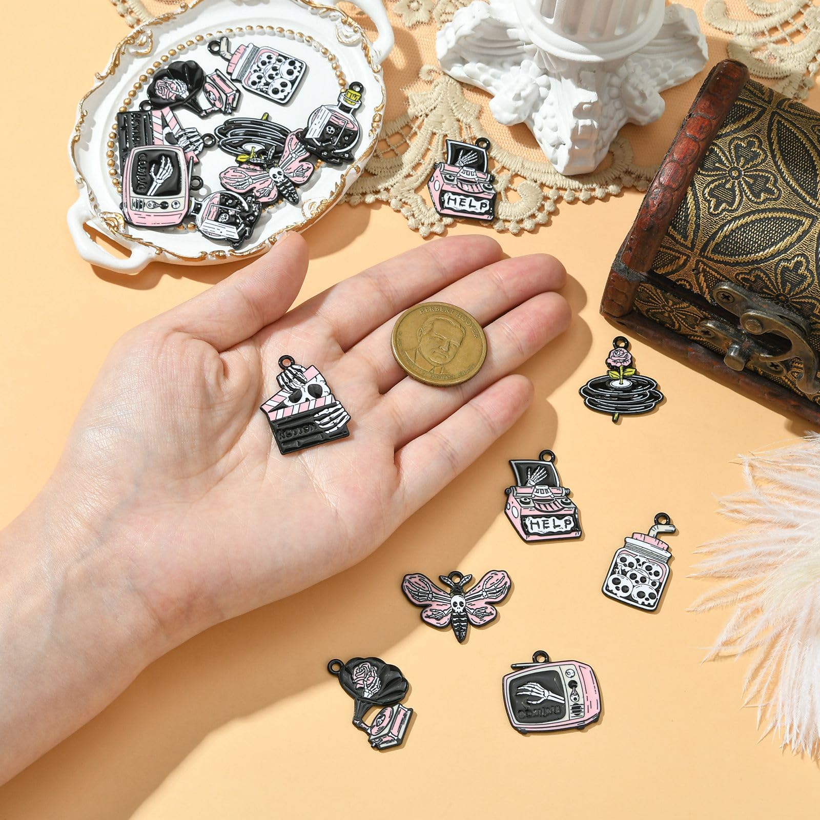 Stiesy 16Pcs 8 Styles Black Gothic Charms Vintage Skull Charm Pendant Pink Flower with Skeleton Enamel Charms Butterfly with Skull Jewellry Charm Bulk for Jewelry Making Bracelets Necklace Present - Image 4
