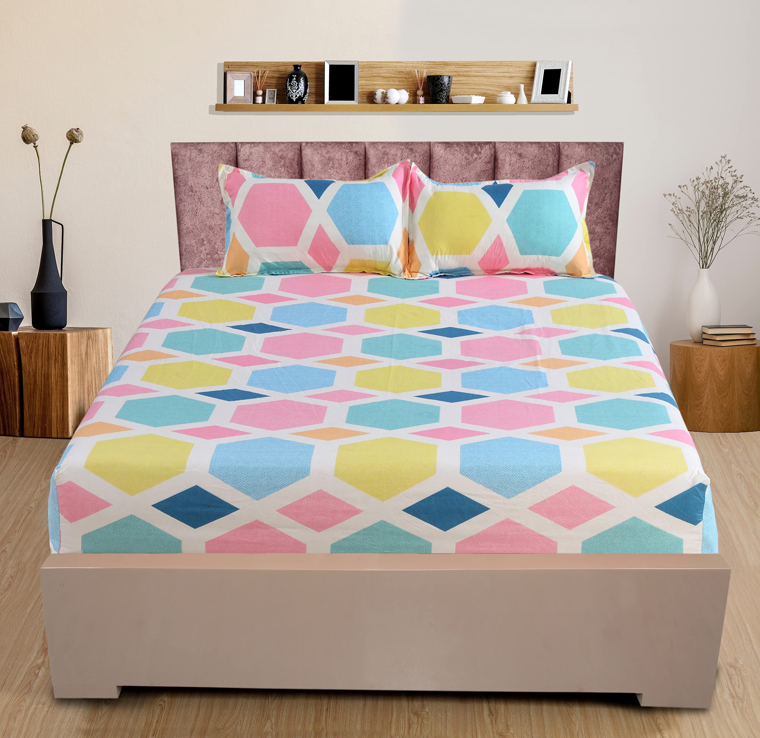 Nendle Cotton 210TC Double Bedsheet Queen Size 78x60 Inches with Elastic Fitting with 2 Pillow Covers (Fits Upto Mattress of 12 Inches, Multicolor) (B09MW8GLMF) Amazon Price History, Amazon Price Tracker