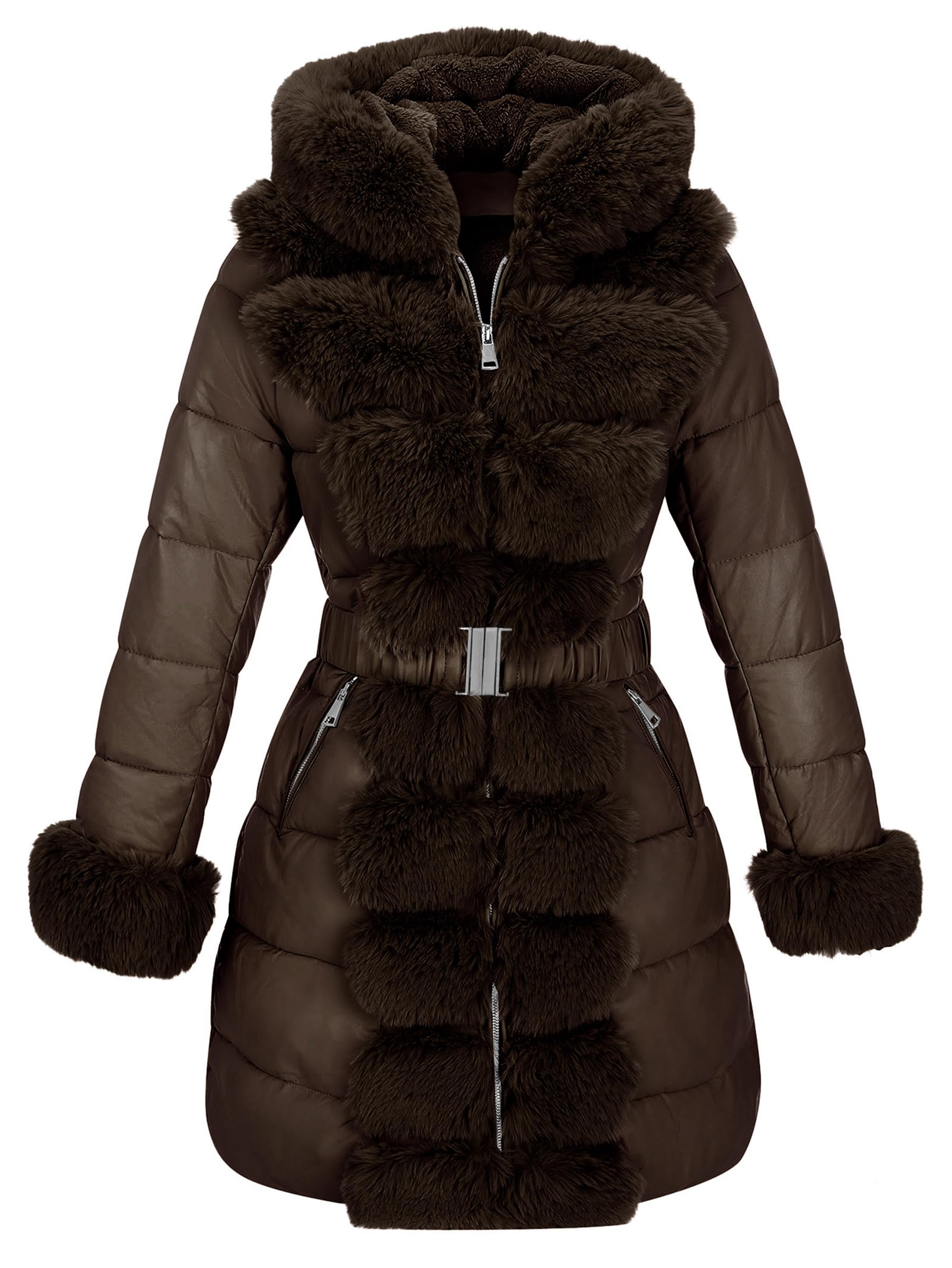 RISISSIDA Women Cold-resistant Winter Fur Lined Coat Puffer Jacket with Long Fur Trim Hooded Warm Leather Bubble Overcoat