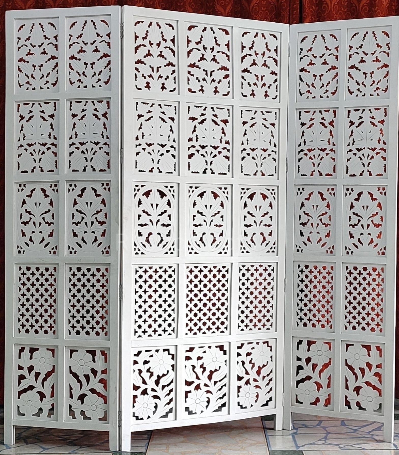 Rustic Roots Handcrafted Wooden Room Divider | 3-Panel White Partition Screen with Intricate Floral & Geometric Cutout Design, 6 Feet.-image-39