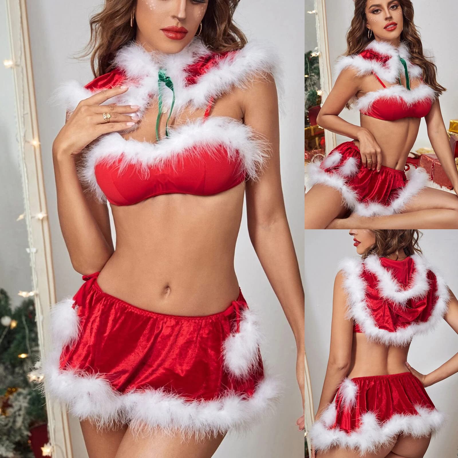 Set di Lingerie Christmas Halter Temptation Set Reggiseno E Gonna con Piume Intimo Rosso