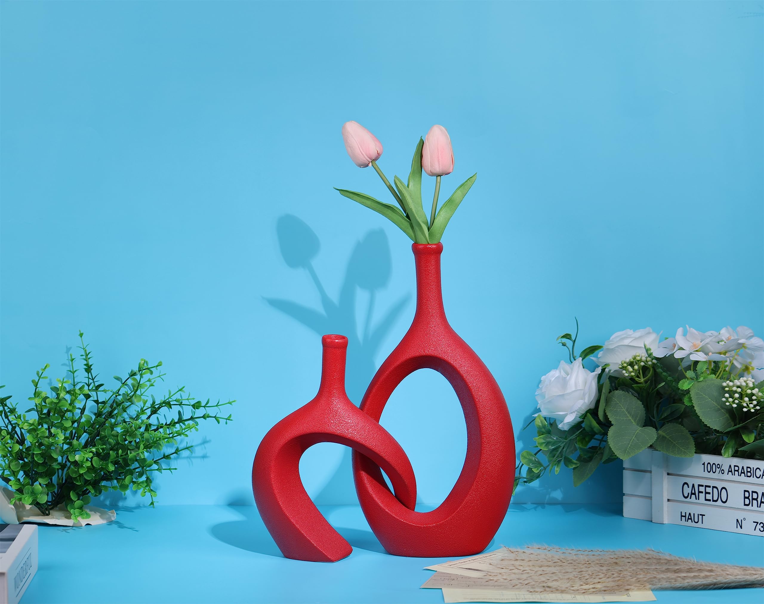 WUBIANJIE Set di Vasi in Ceramica Rossa - Arredamento Moderno Boho, Design Accogliente, Vasi per Soggiorno, Camera da Letto, Tavolo da Caffè, Camino