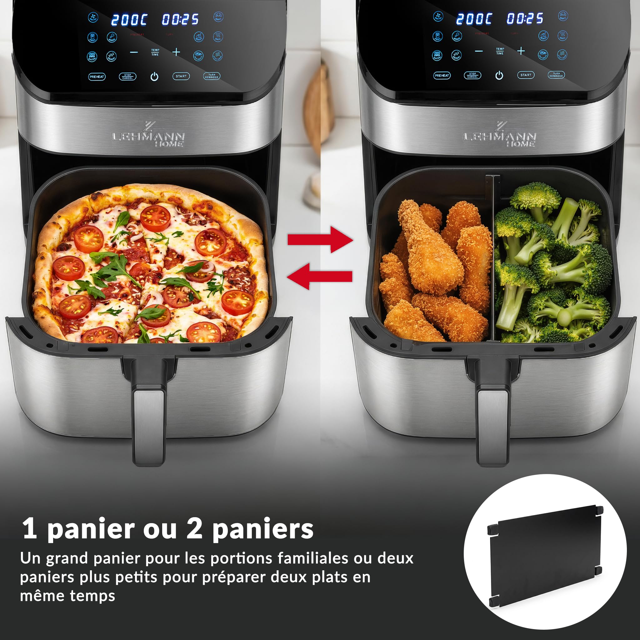LEHMANN Air Fryer XXL 8L avec Compartiment Flexible Dual Zone, 12 programmes, Réglage de la Température 76-200 °C, Écran Tactile LED, Revêtement Antiadhésif, 90% de Matières Grasses en Moins