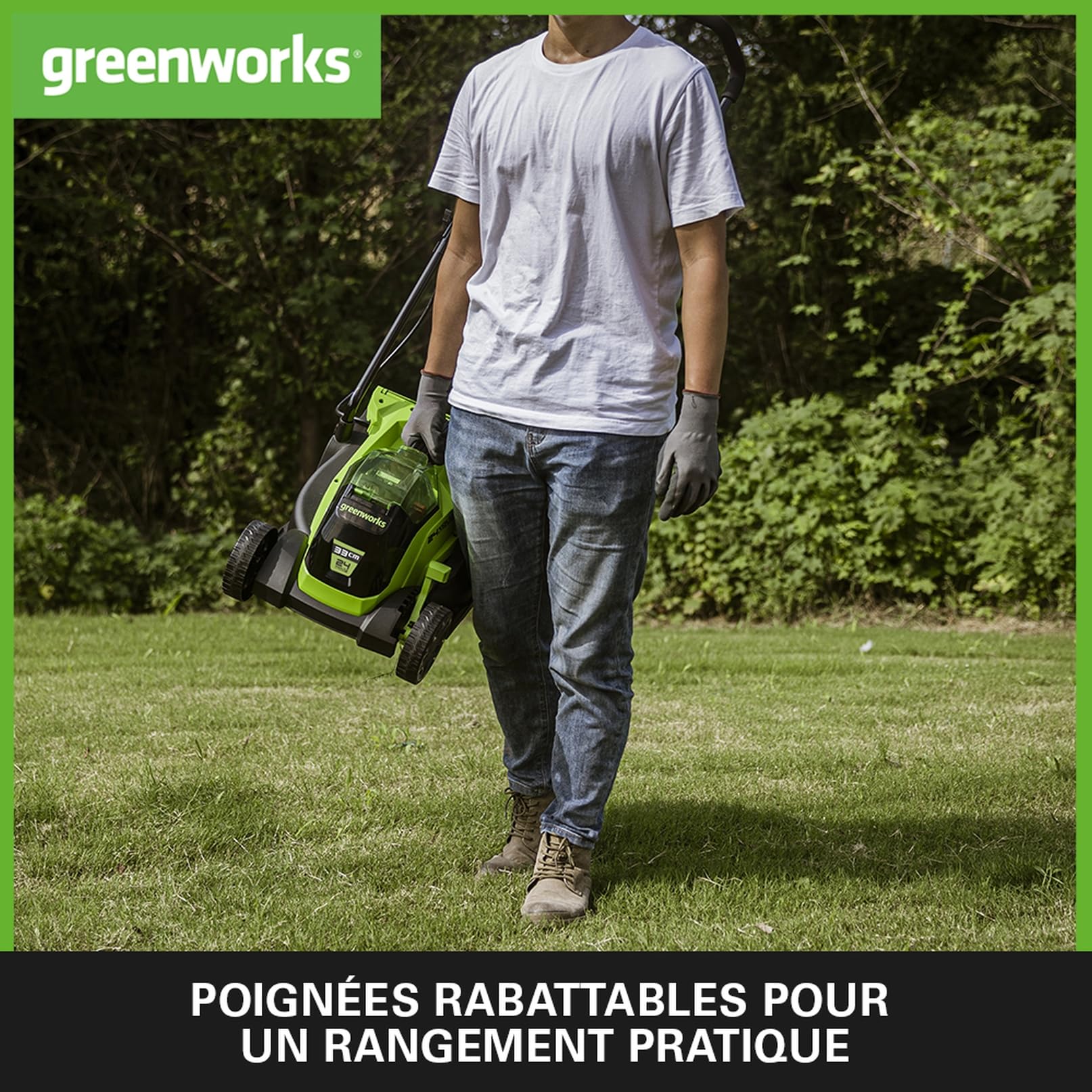 Greenworks GD24LM33K2 Tondeuse à Gazon Sans Fil avec Moteur Sans Brosse pour Petites Pelouses Jusqu'à 140m², Largeur de Coupe 33 cm, Sac de 30L, INCLUS Batterie 24V 2Ah et Chargeur, Garantie 3 Ans