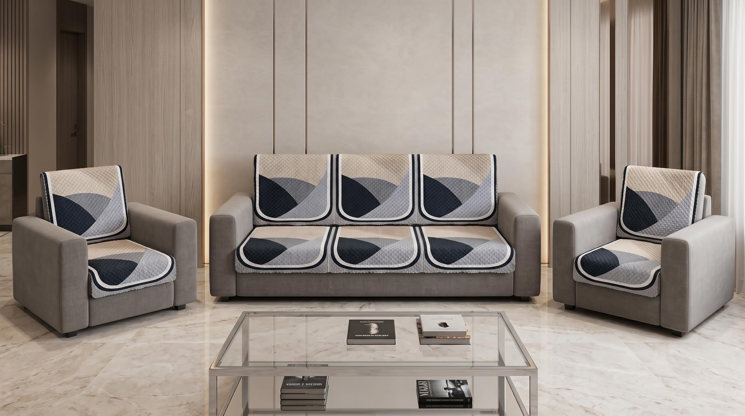 KINGLY Presents Quilted Sofa Cover Set 5 Seater for Living Room - Navy Grey White - 3 Seater & 1+1 Seater Protector Panels for Sofa Couch Office, 6 Pieces-image-29