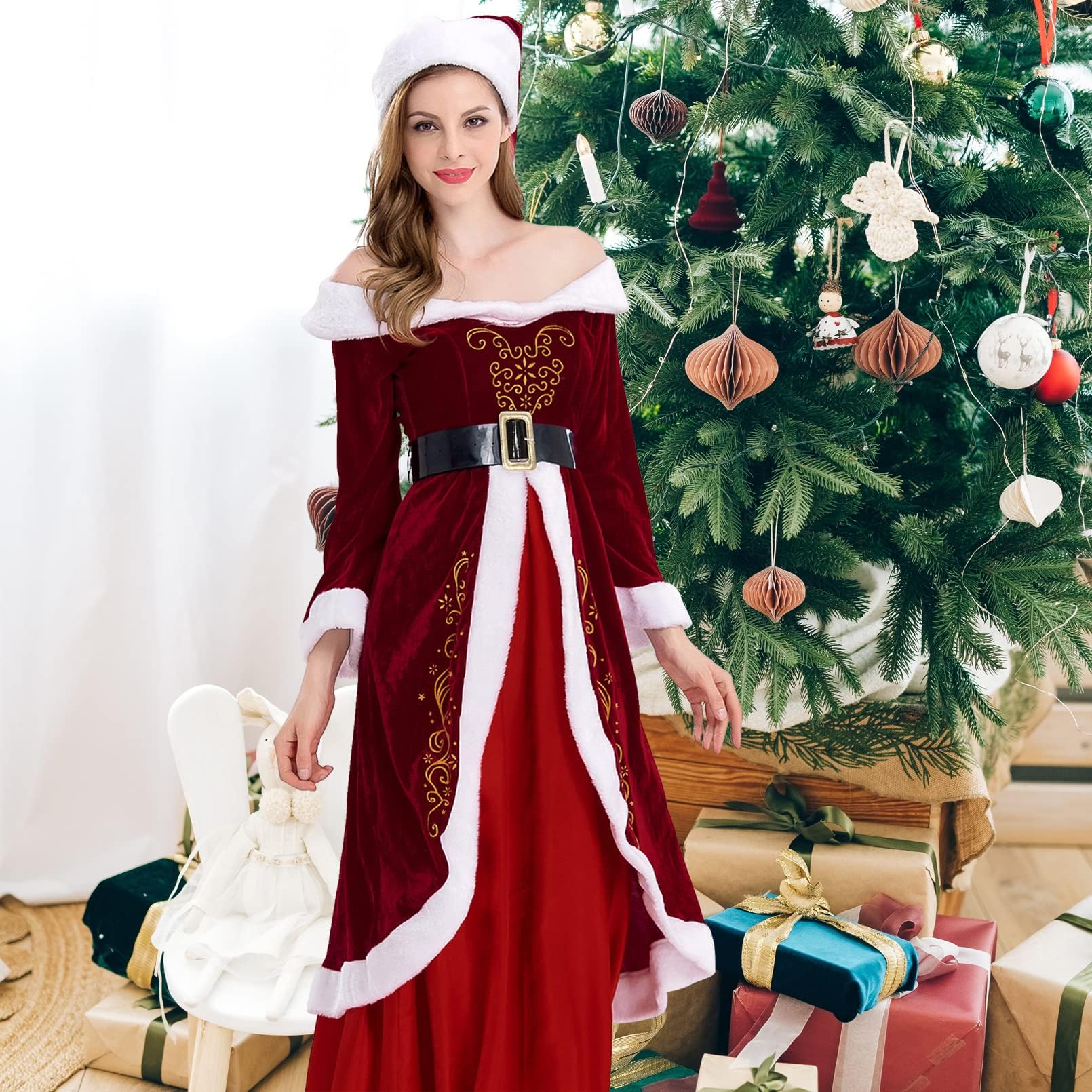 GEMVIE Women's Vintage Christmas Dress Ladies Mrs Santa Claus Costume Xmas Party Mrs Claus Dress, Red Dress-lady Style - Image 4