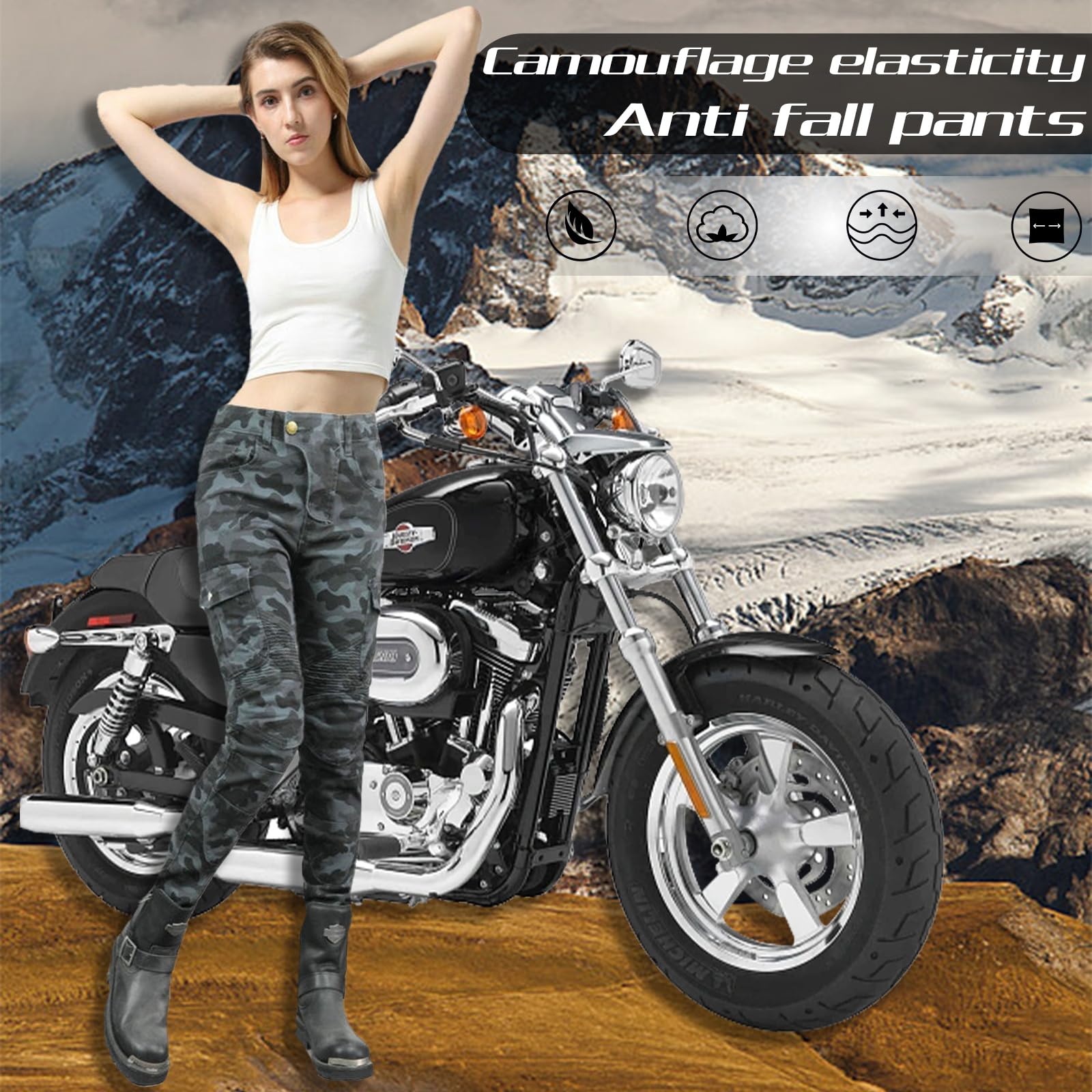 HULG Pantalones De Moto Para Mujer Con Equipo De Protección, Pantalones De Moto De Camuflaje, Pantalones De Moto Elásticos XXS-M (Camouflage-blue,S)