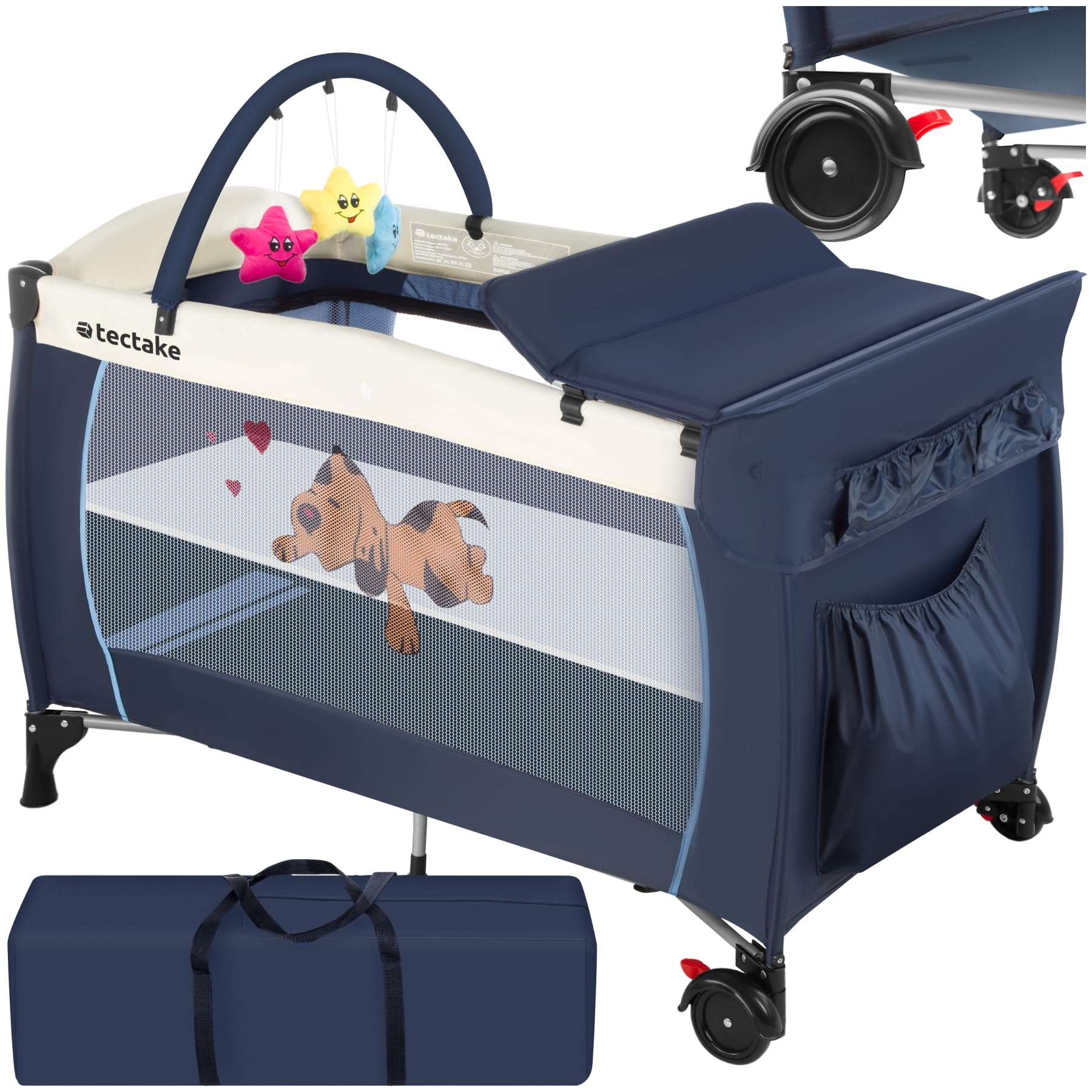 tectake® Lit Parapluie avec matelas Pliable Lit Bébé voyage léger réglable sur roulettes avec Accessoires bébé & Sac de Transport, Mobilier enfant idéal pour Maison ou Voyage Equipement bebe Parc bebe