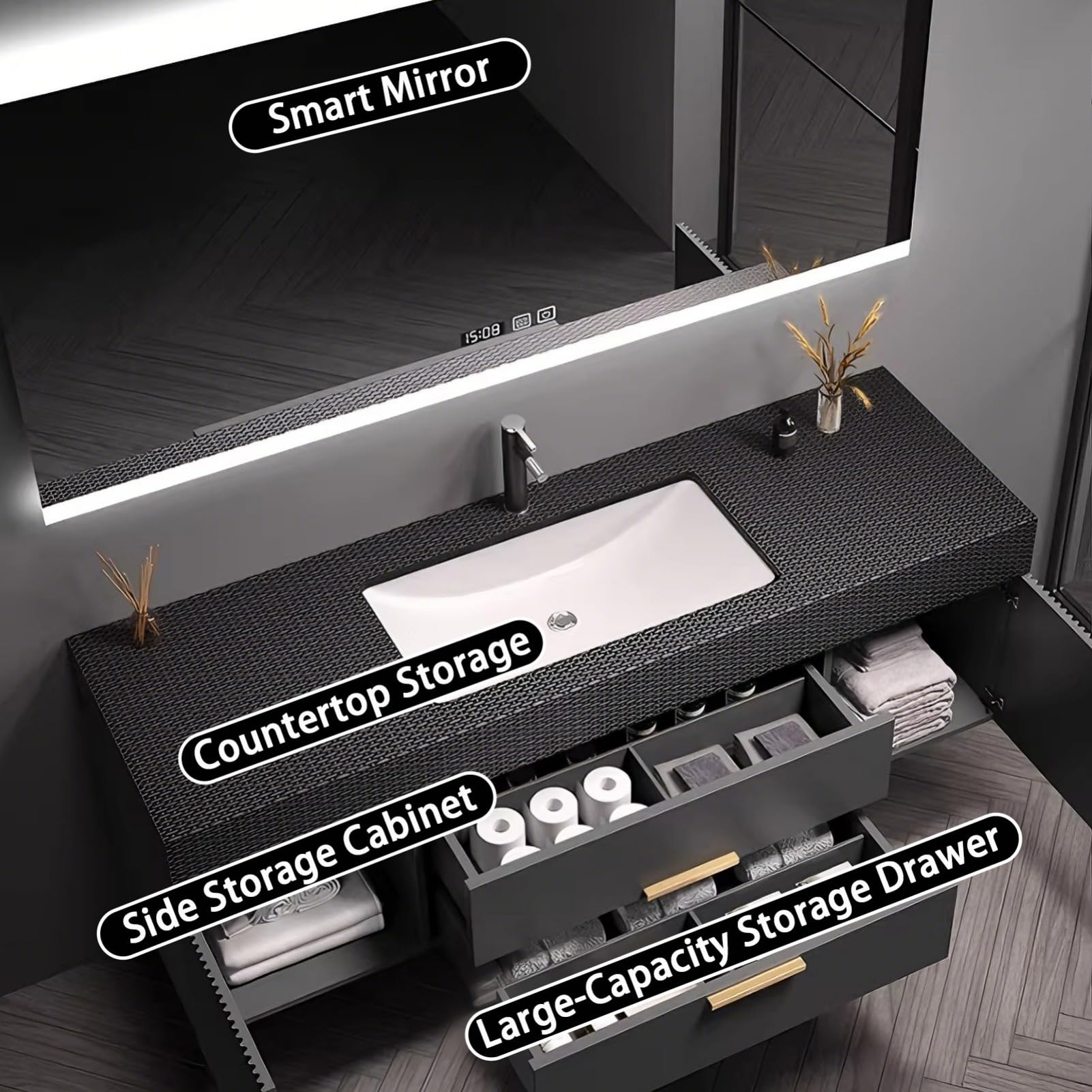 52IN Bathroom Vanity with Sink - Wall Mounted Bathroom Vanity Include Smart Defogging Mirror and Multiple Storage Spaces — view 5