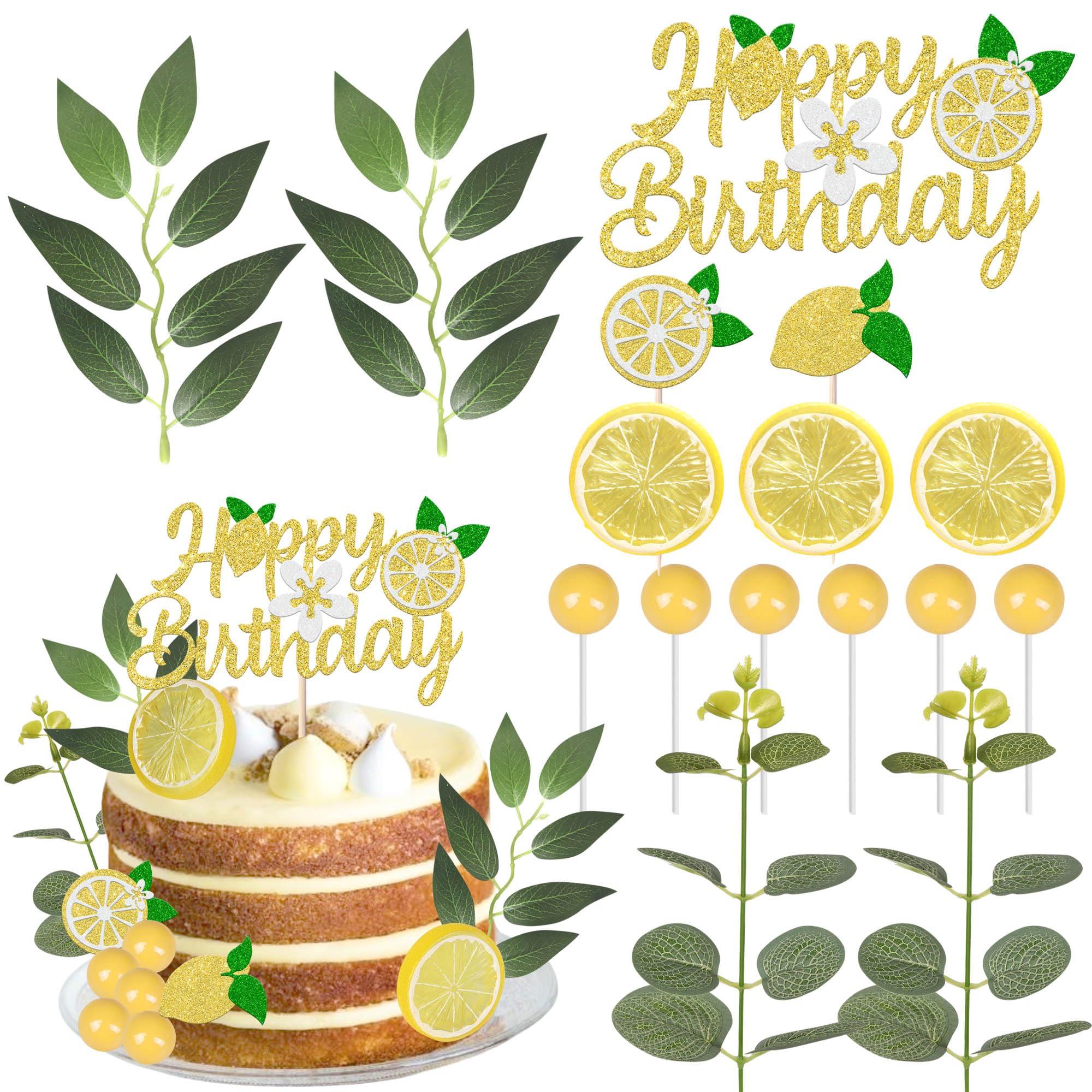 16 Pack Lemon Cake Decorations Lemon Cake Topper Glitter Happy Birthday Juicy Fruit Slices Leaves Ball Cake Pick for Fruit Theme Baby Shower Kids Boys Girls Birthday Party Supplies