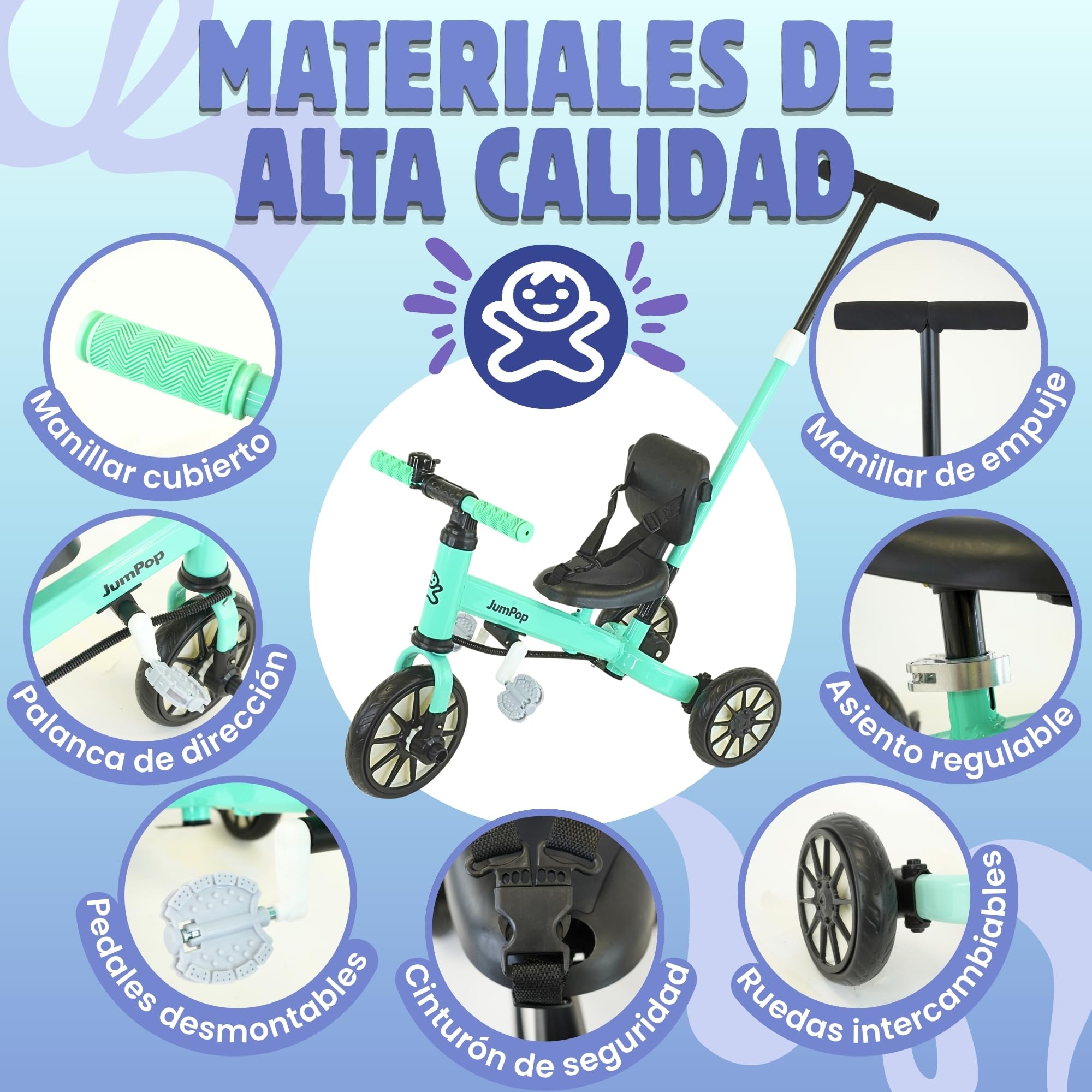 JumPop® Triciclo Evolutivo 5 en 1 + Timbre con Pegatinas y Vídeo Montaje QR incluído | Triciclo Bebe 1 Año a 4/5 Años(Dependiendo del tamaño) con Complementos Divertidos