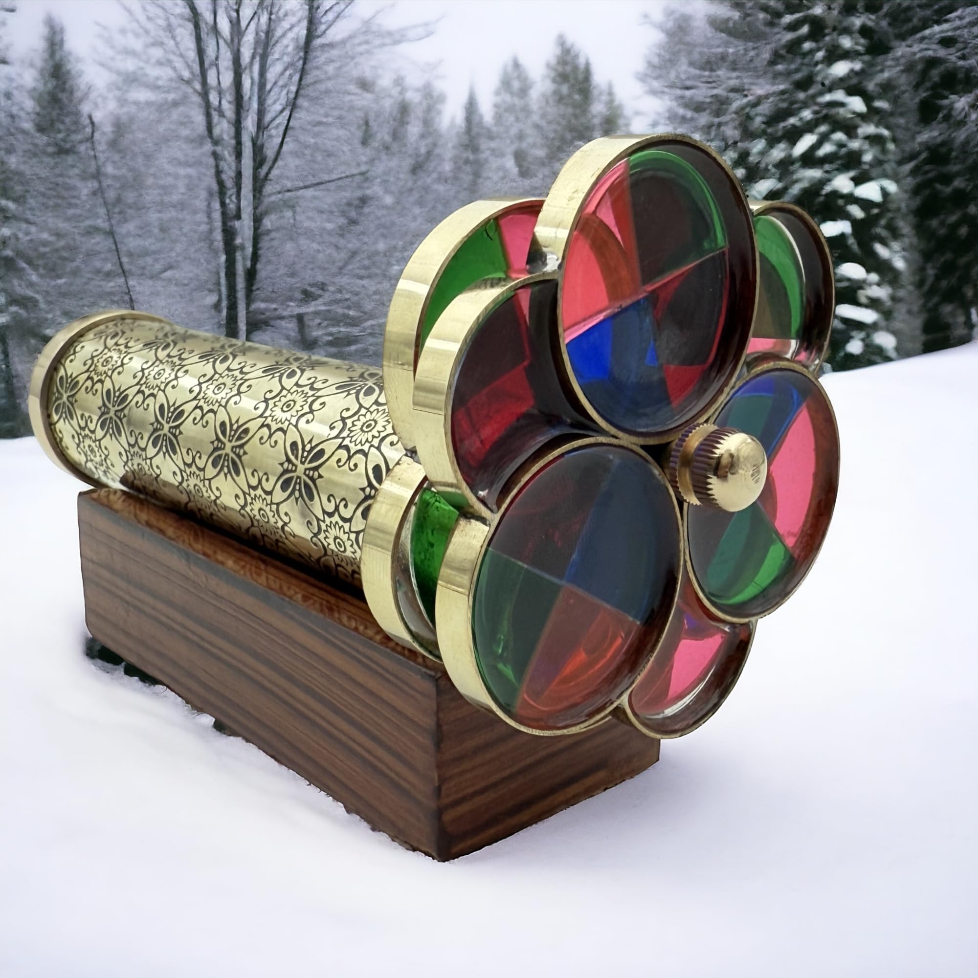 BAZROSS Handcrafted Etched Floral Pattern Lacquered Brass Kaleidoscope - Vintage Collection Kaleidoscope, Two Separate Turning Wheels-A Perfect Addition to Any Collection