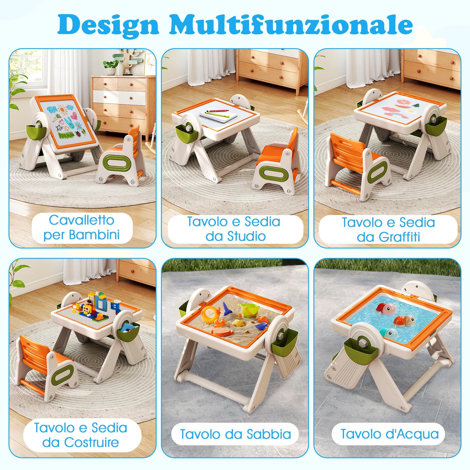 COSTWAY Set Tavolo e Sedia 6 in 1 per Bambini 18+ Mesi, Tavolino Pieghevole con Piano Reversibile, Porta Penne, Cesti Contenitori e Scaffale, Tavolo Salvaspazio per Giochi per Cameretta (Arancione)