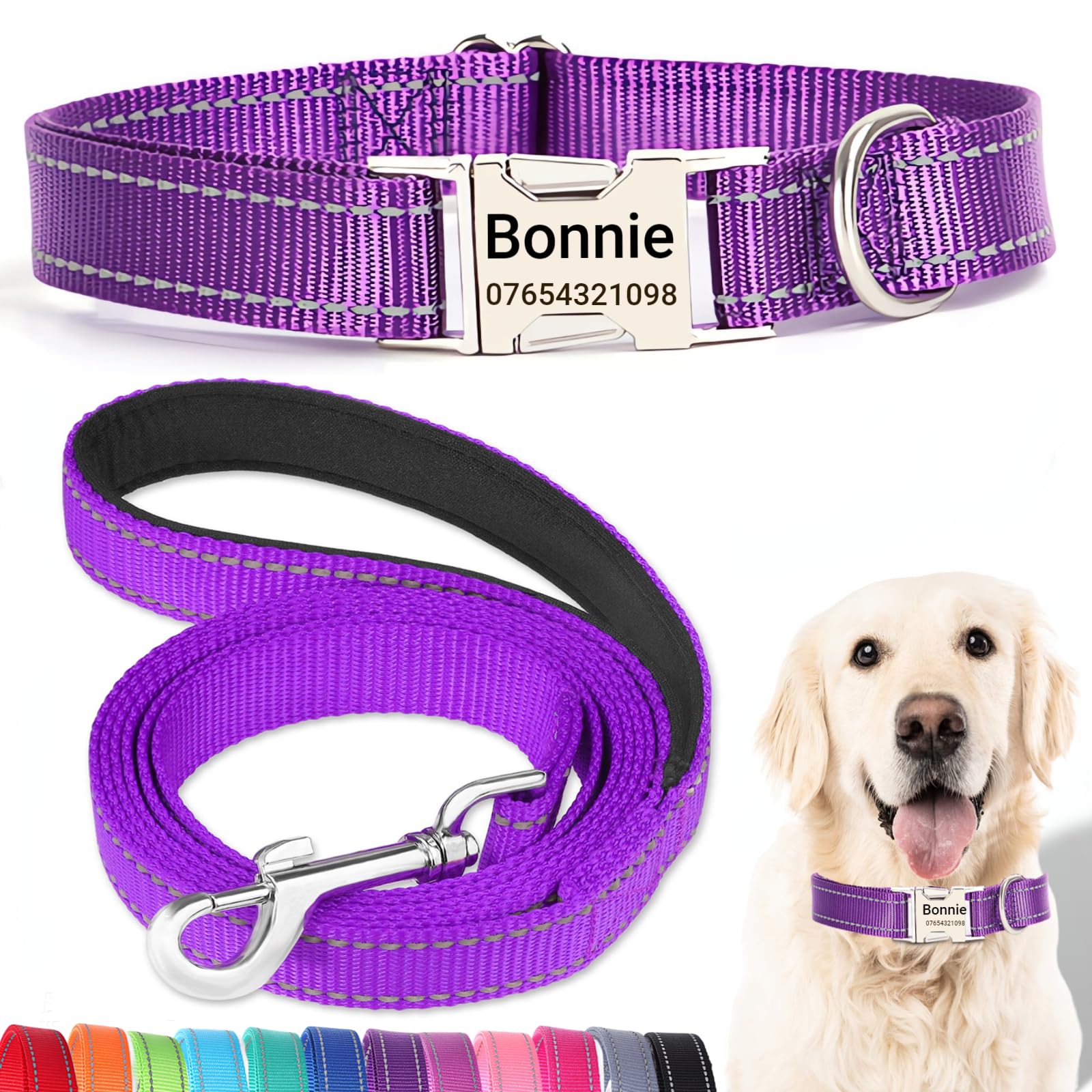 SEOUGEE Personalised Dog Collar with Engraved Metal Buckle, Reflective Nylon Collars for Small Medium Large Dogs with Custom Name Plate Phone Number (Dark Purple Set, XS:Neck 20-30cm)