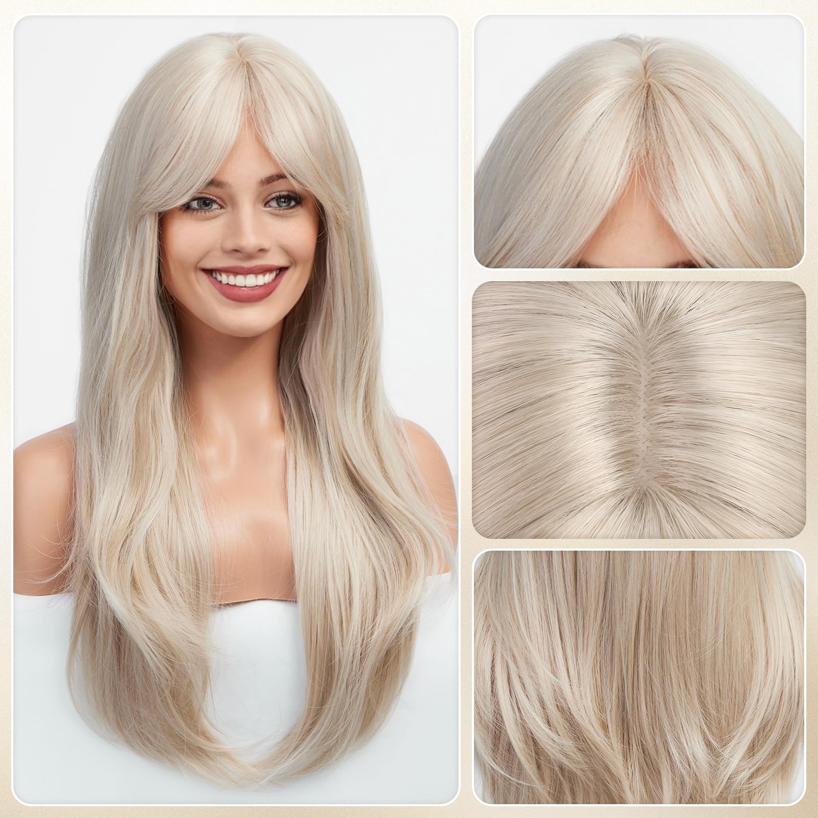 HARICUBE Wigs for Women - Long Curly/Wave Wigs with Bangs Natural Synthetic Heat Resistant (Blonde), 25 cm x 3 cm - Image 3
