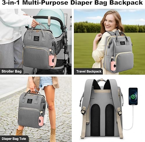 Miniatura 4 de juman Mochila para pañales, bolsa de pañales grande con cambiador, bolsa de bebé con puerto de carga USB, 3 rollos de bolsas de basura con
