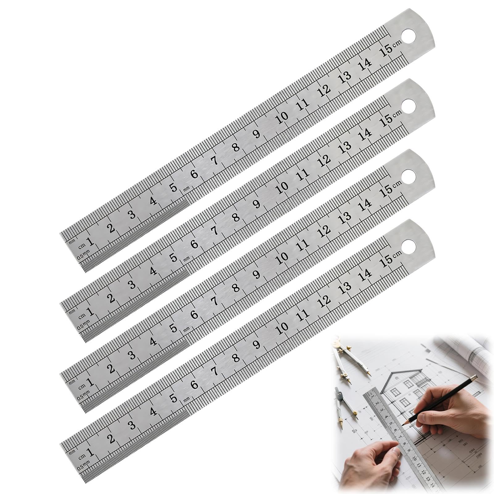 4 Pack 6 Inch/15cm Stainless Steel Rulers, Metal Straight Ruler with Hanging Hole, Precision Measuring Tool for School Office Drawing Engineering