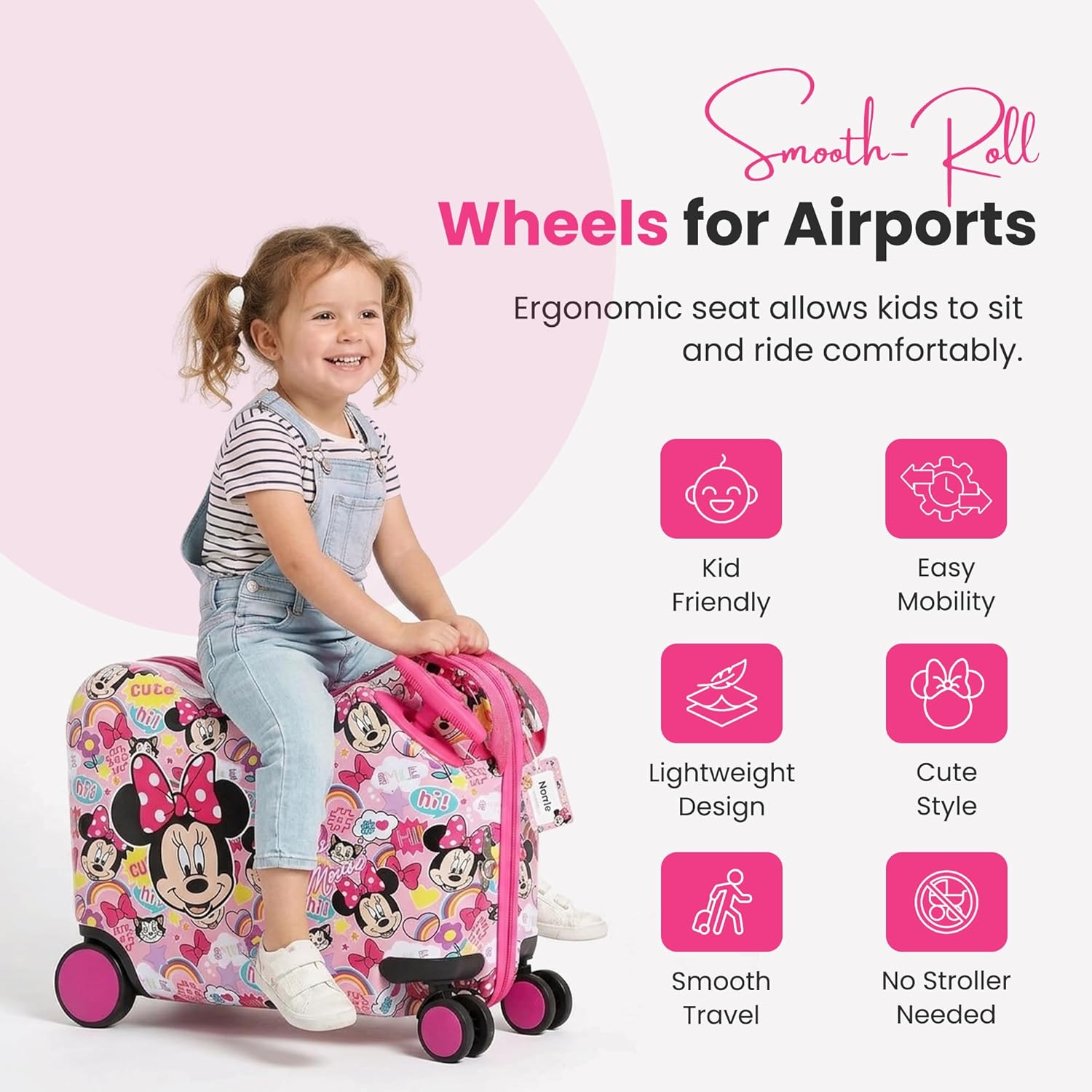 Bioworld Minnie Mouse Ride-On 18" Suitcase For Kids & Toddlers