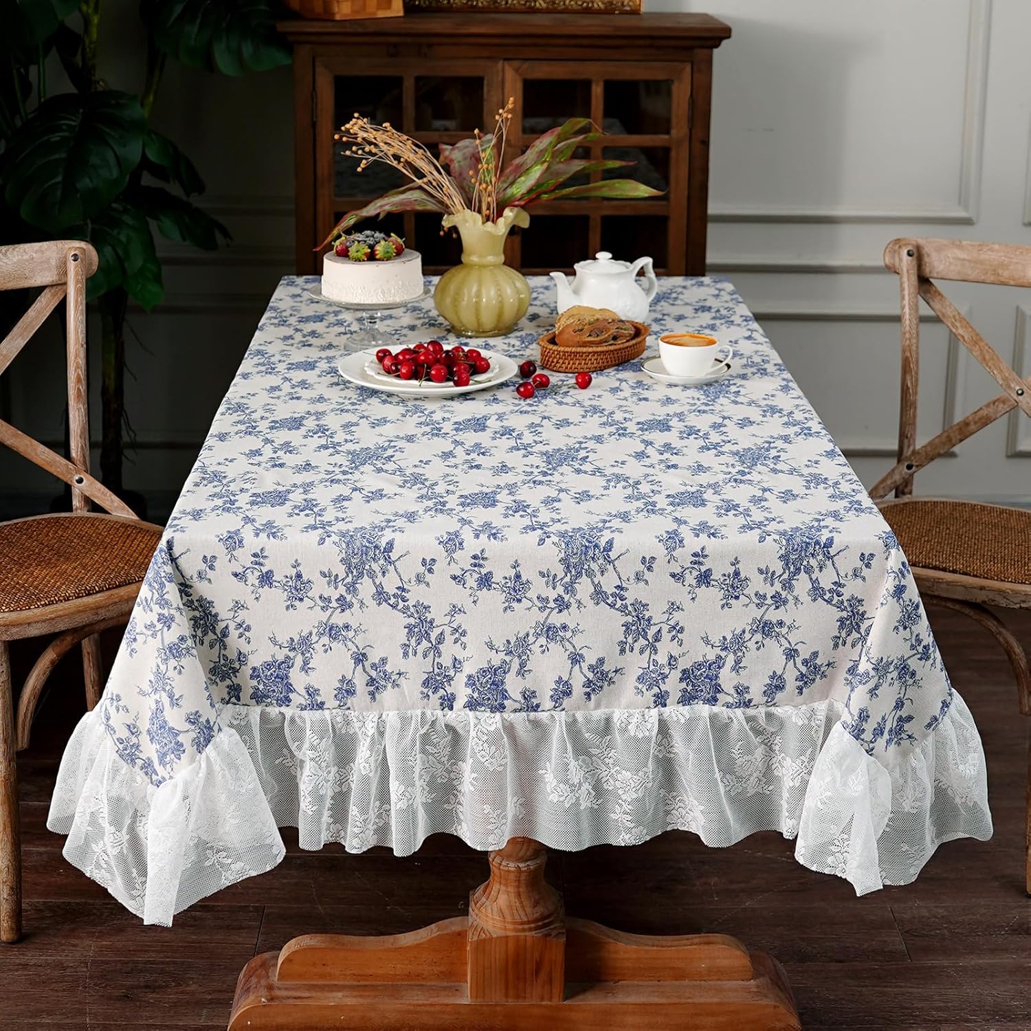 Cotton Linen Tablecloth Vintage Blue Floral Farmhouse White Lace Washable Table Cloths French Country Decor for Home Party Picnic (Blue, 60 x 120 Inches)