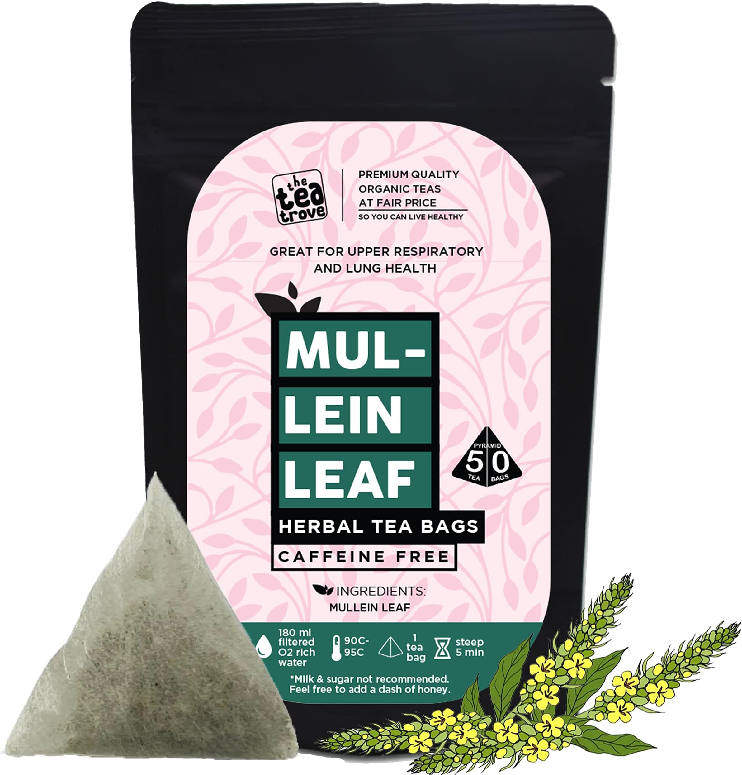 The Tea Trove Herbal Mullein Lung Detox - 50 Pyramid Tea Bags in Resealable Pouch - Caffeine Free Leaf for Lungs - Help Boost Respiratory Health | 50 Gram