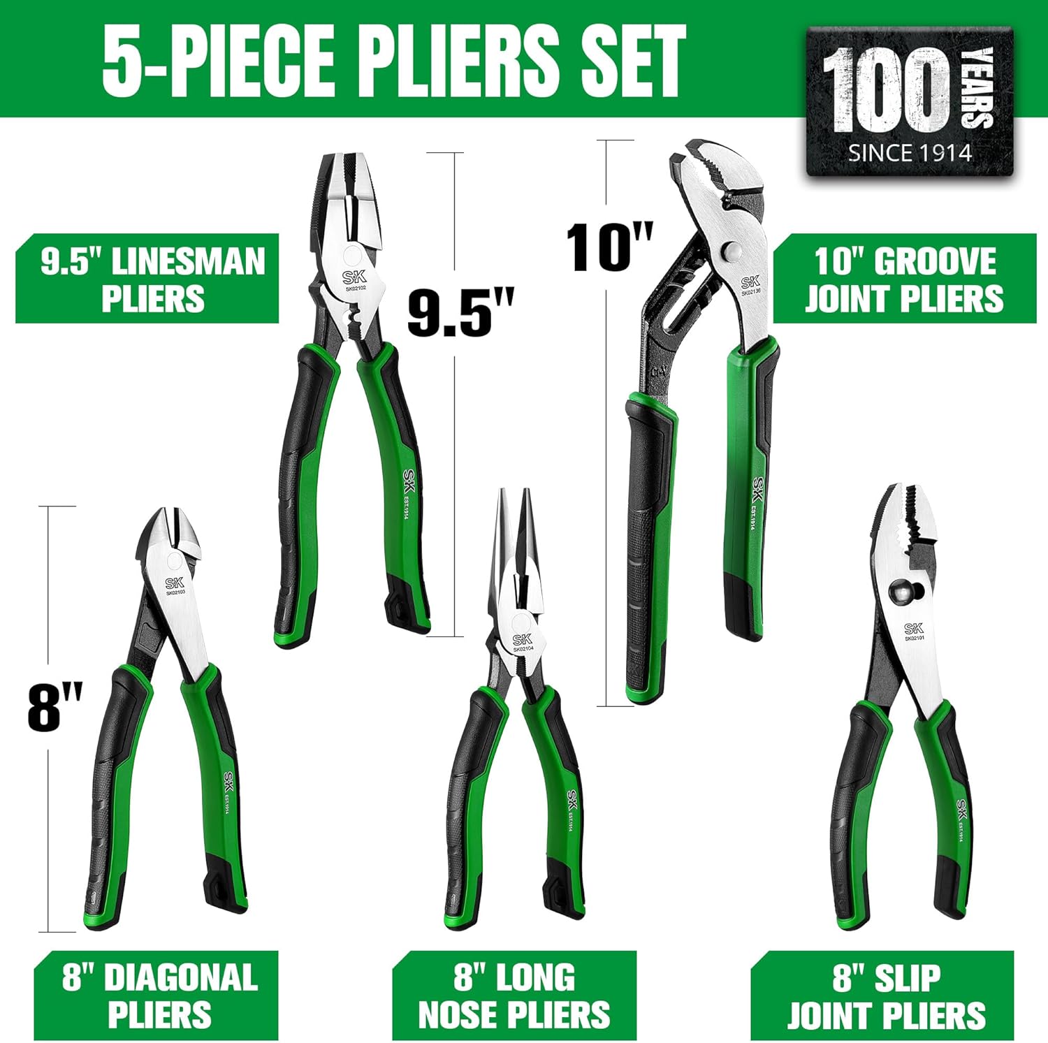 SK 5-Piece Pliers Set, 8" Long Nose, 9.5" Linesman, 8" Slip Joint, 8" Diagonal, and 10" Groove Joint, with EVA Foam Tool Organizer