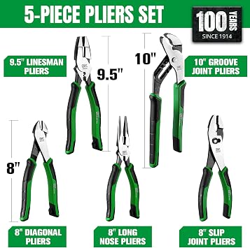 SK 5-Piece Pliers Set, 8 Needle Nose & Slip Joint & Diagonal Pliers, 9.5 Linesman, and 10 Groove Joint, CR-V Construction, Anti-slip Handle, with Rolling Pouch