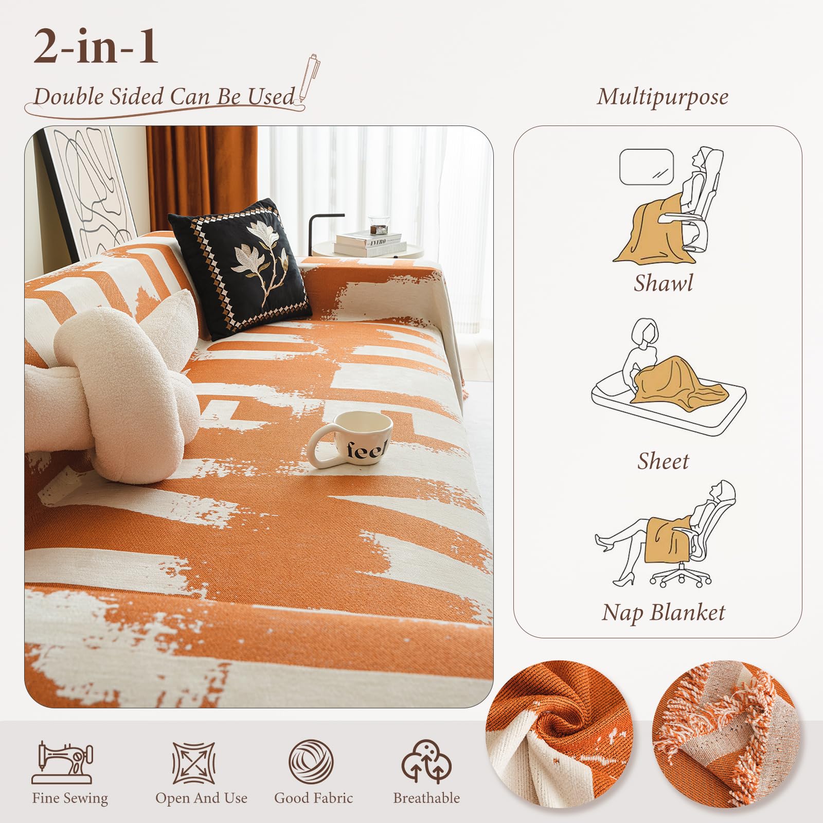 Jarapas para Sofas Suave Confort Manta Sofá Manta Decorativa Sofá Dormitorio Salón Cuatro Estaciones Tejido Borla Tela Cubre Sofa 180 * 340cm-Naranja