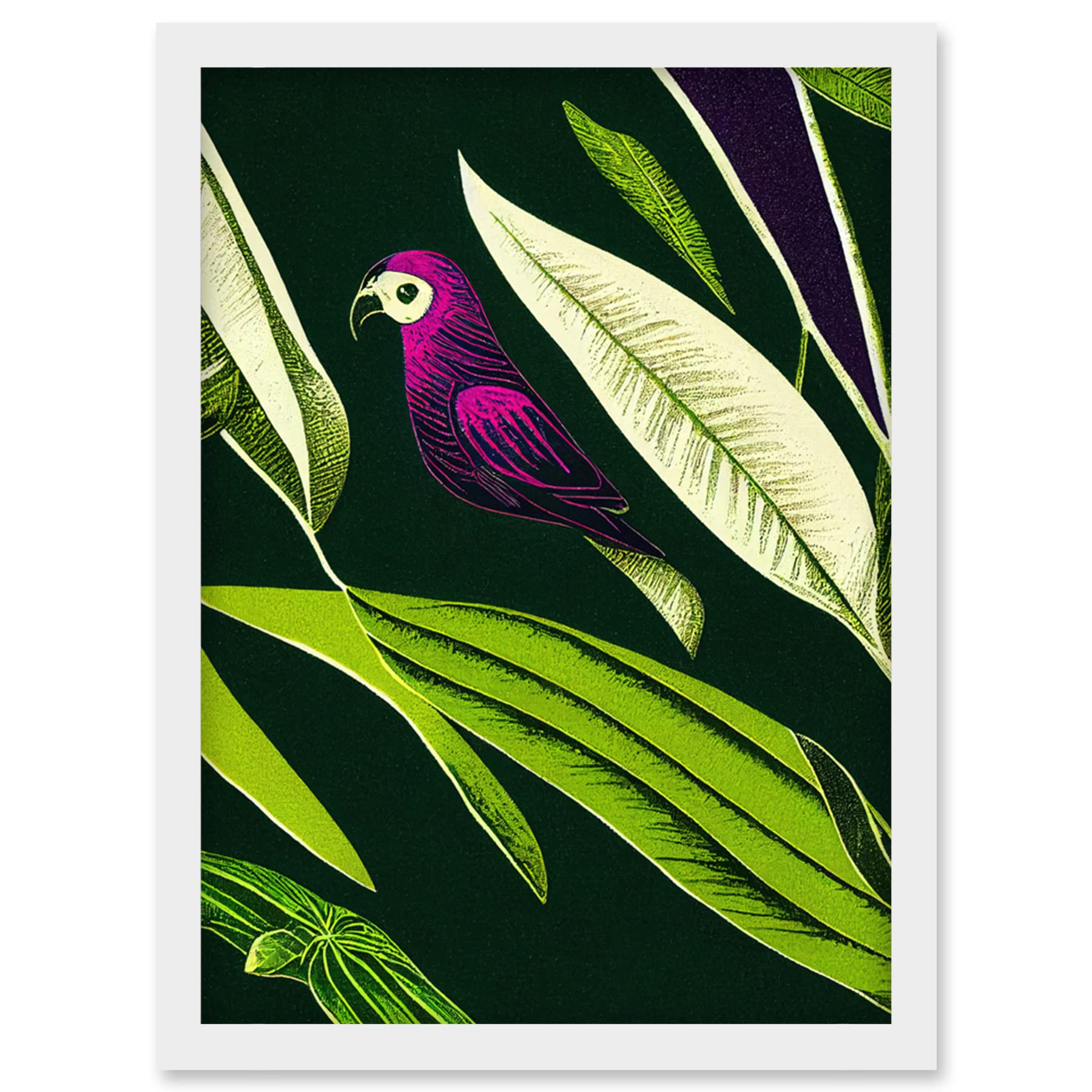 Wee Blue Coo Pink Parrot and Tropical Plant Leaves Vintage Linocut Pattern Detail Artwork Framed Wall Art Print A4