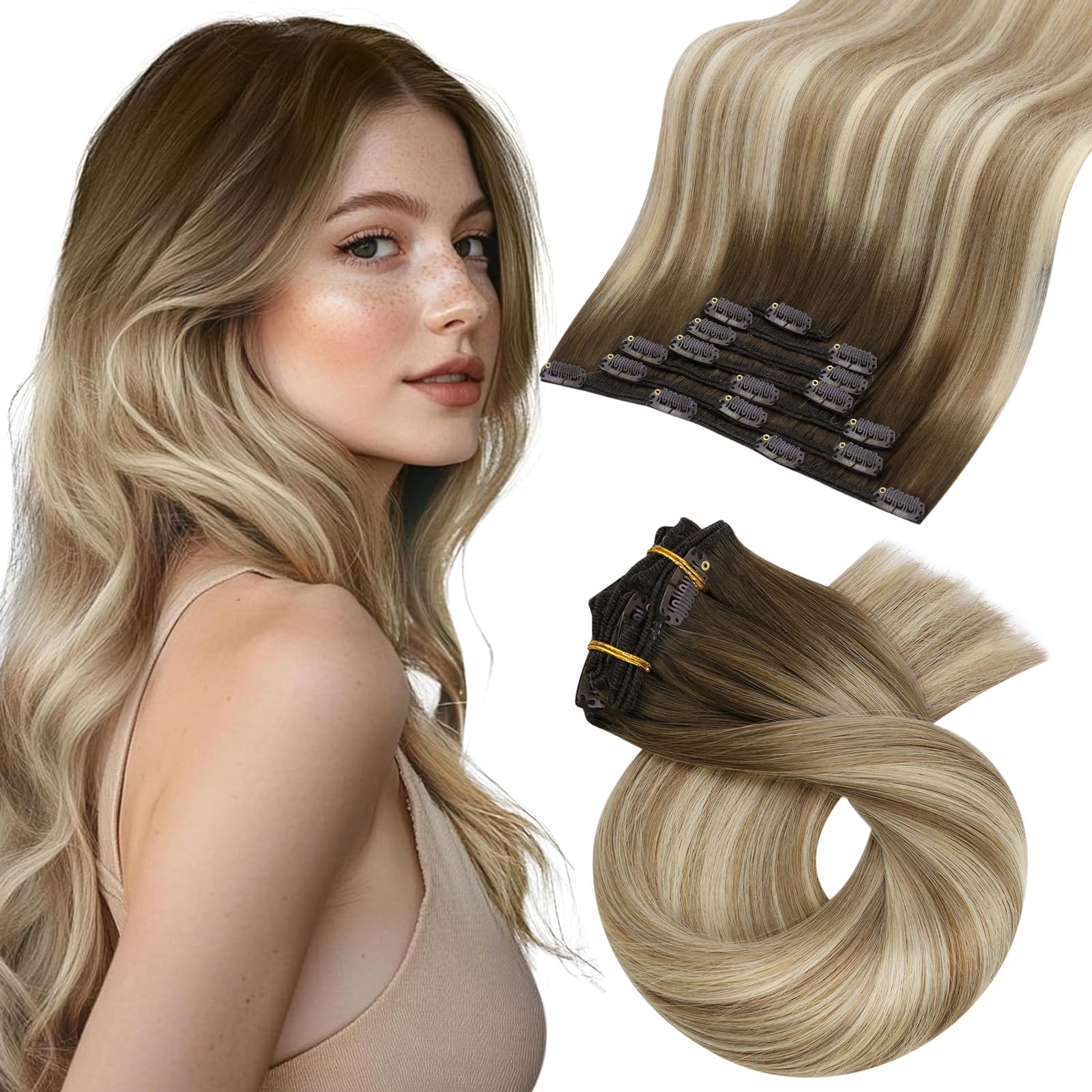 Moresoo Extension Capelli Veri Clip Balayage Remy Extension Clip Capelli Veri Lisci Marrone a Marrone Chiaro con Biondo Medio #3/8/22 45 cm 120g 7 Pezzi