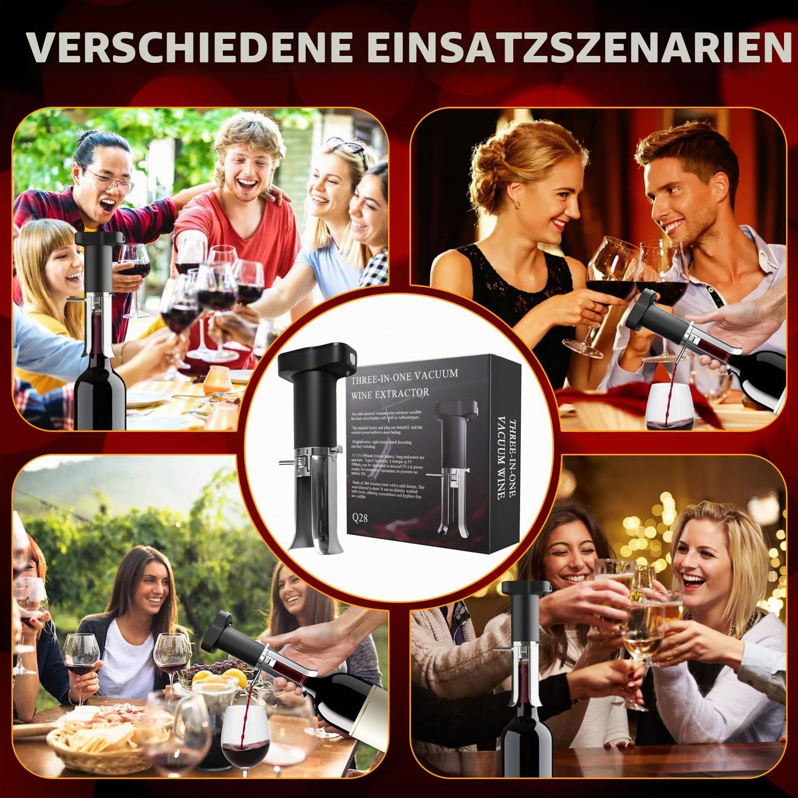 ZONSUSE Elektrischer Weinbelüfter und Ausgießer, 3-in-1 Weindekanter, Weinkonservierungssystem, Vakuumverschluss Hält Wein 10+ Tage, Weinspender Geschenk für Weinliebhaber (Schwarz Silber)