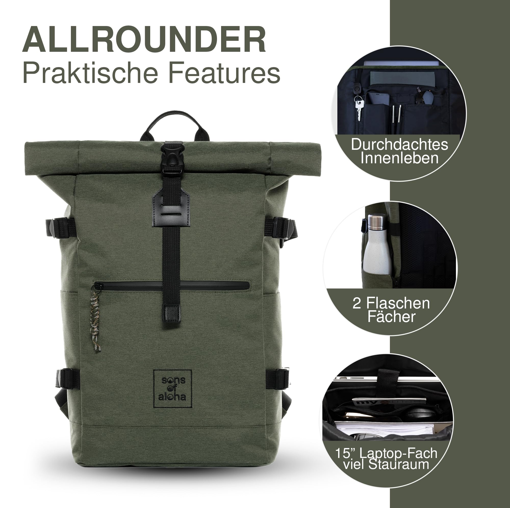 SONS OF ALOHA Rucksack KANE Roll-Top Kurierrucksack XL groß - PET recycelt, wasserabweisend - Wander-Rucksack Laptop-Fach 15 Zoll olive-grün