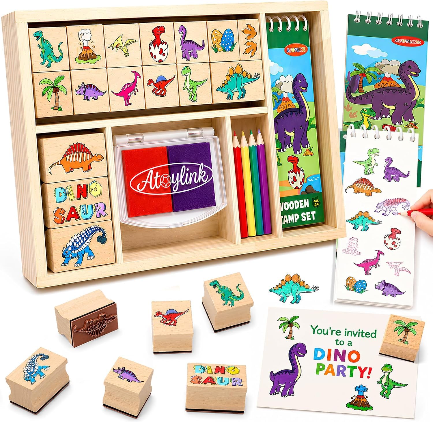 Atoylink Dinosaur Stamps for Kids, Wooden Toy Set