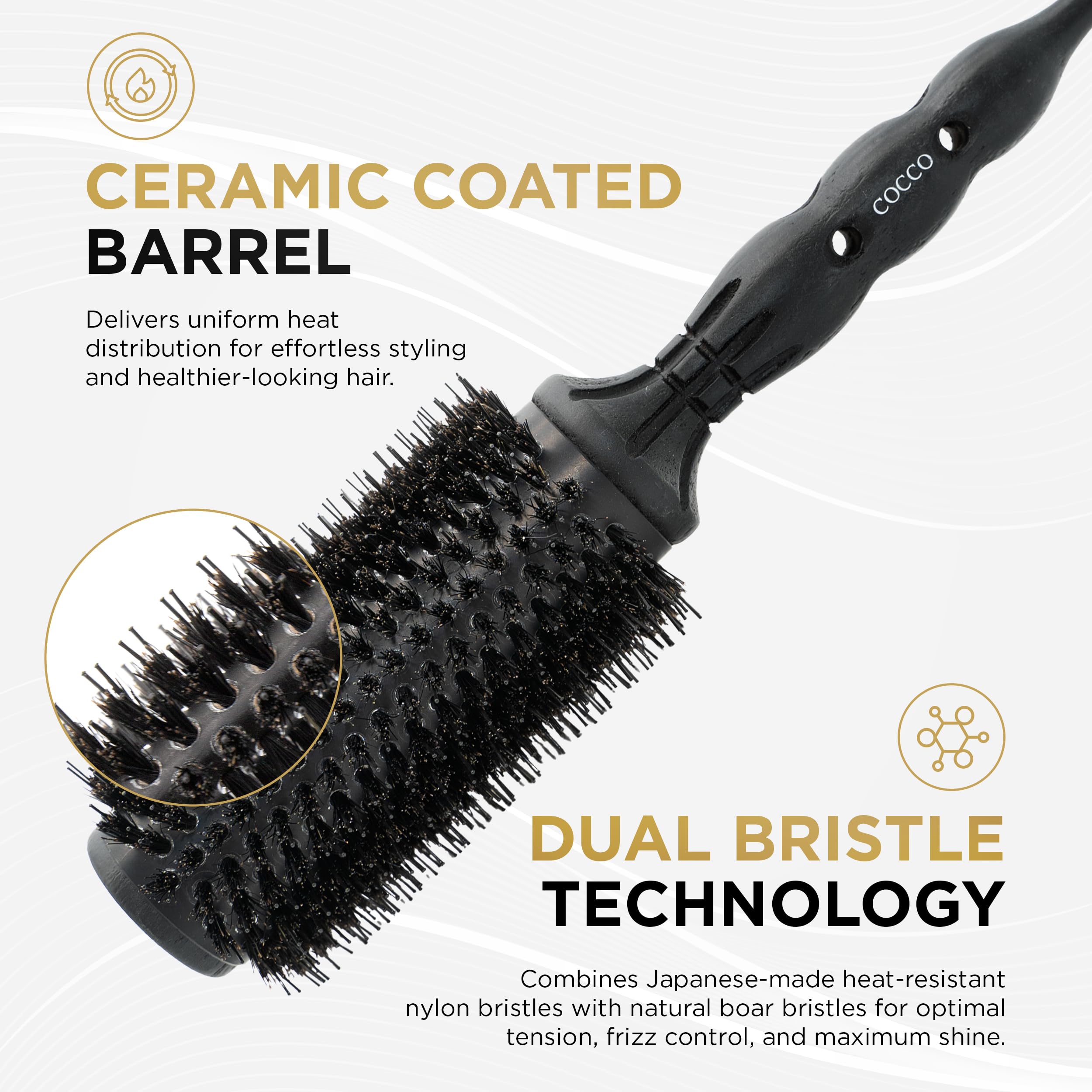 COCCO Black Series - Cepillo de cerámica para jabalí S8, cepillo para peinar el cabello con tecnología de doble cerda, barril recubierto de cerámica, diseño ergonómico