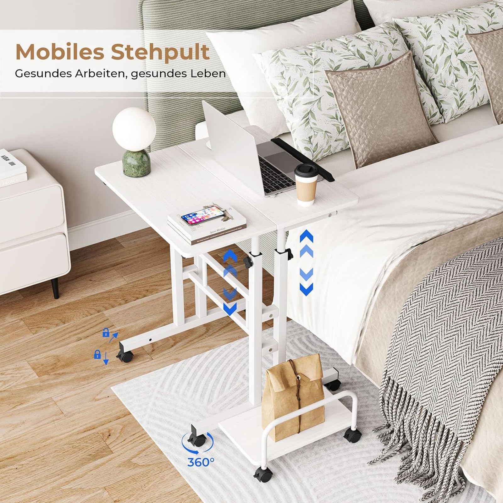 Dripex 60x60cm Stehpult Höhenverstellbar Schreibtisch, Mobiler Computertisch mit 4 Rollen, Steh-Sitz Tisch Laptoptisch neigbar Tischplatte, für Zuhause Büro,Weiß