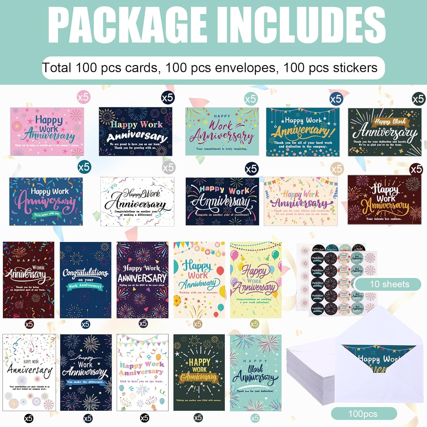 Motiskyy 100 Sets Happy Work Anniversary Cards with Envelopes and Stickers Employee Anniversary Cards 20 Design 4 x 6 Inches Staff Business Appreciation Gifts for Employees(Classic Style)